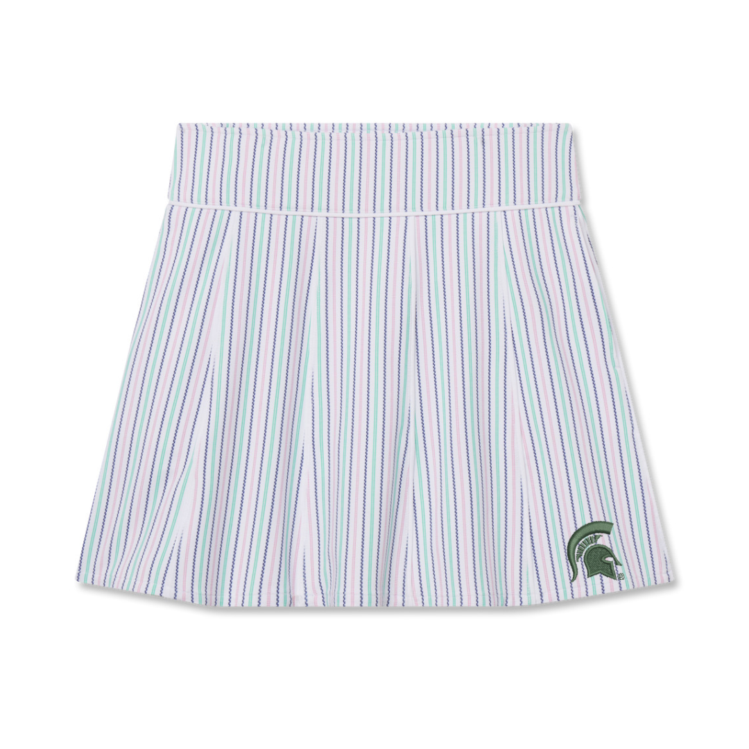 Multicolor vertical striped skort. Embroidered on bottom left hem is a green Spartan helmet.