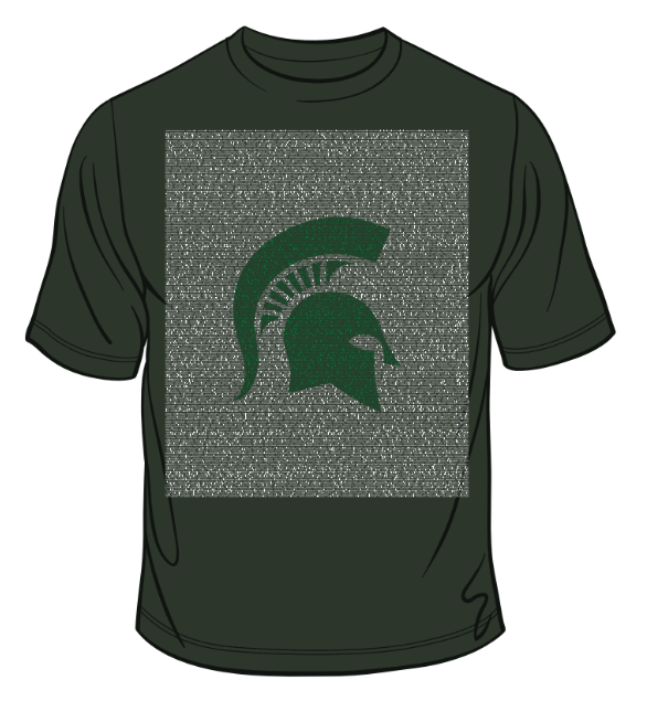 Digital image of a dark green T-shirt with the names of 2026 MSU graduates in white and a green Spartan Helmet logo overlaid.
