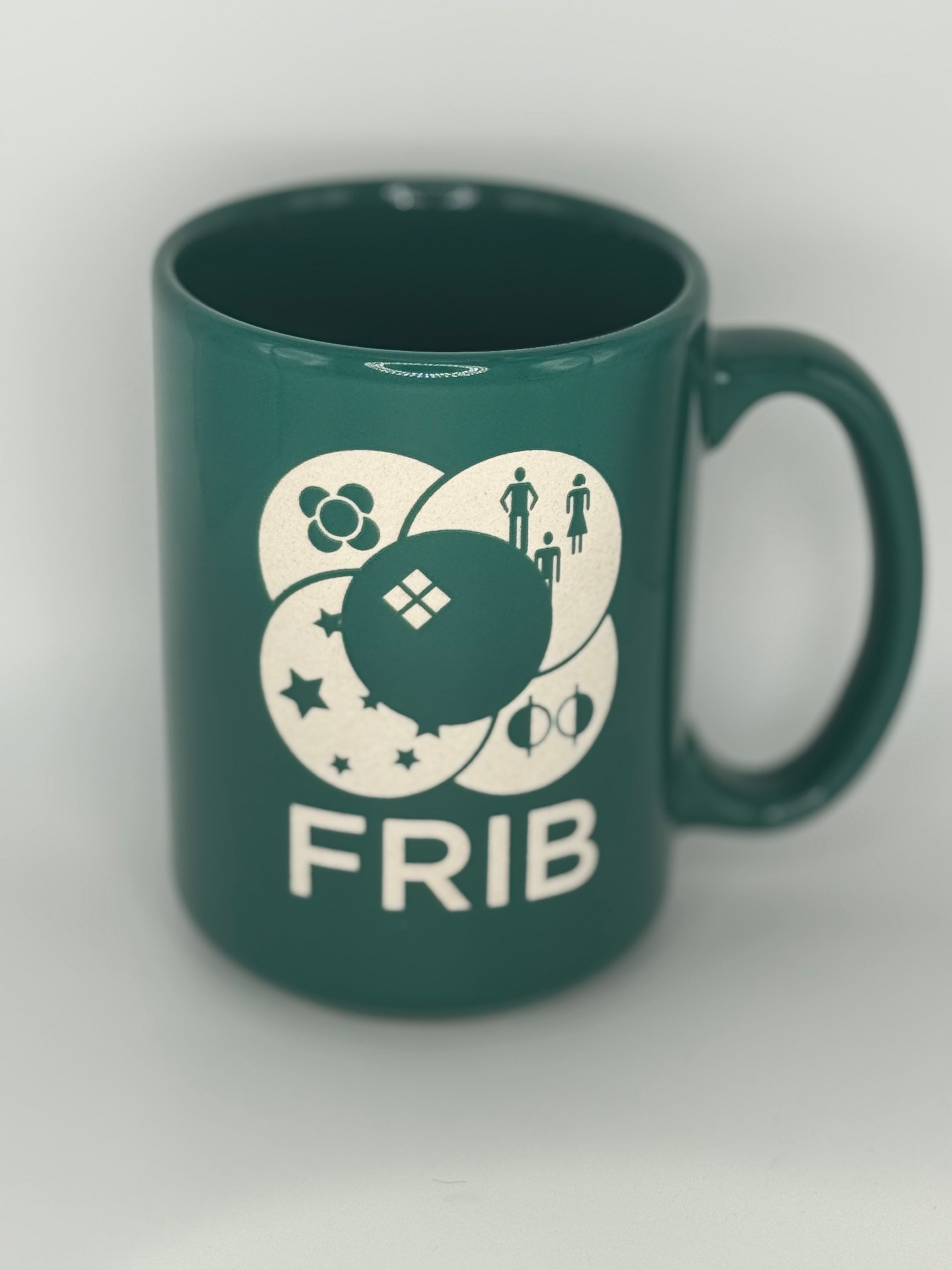 Green ceramic mug with the acronym 'FRIB' printed in white on the front with the FRIB logo above it in white. Shown on a white background.