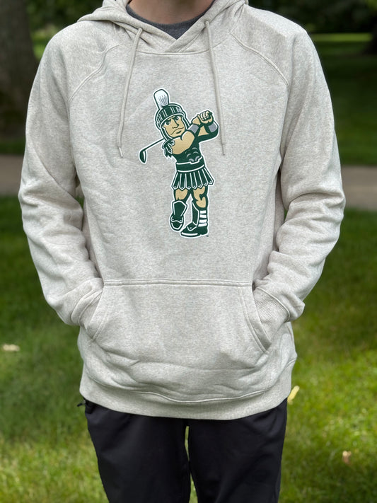 Person modeling a heather oatmeal pullover hoodie featuring a Golf Sparty screen printed graphic on the chest, with a drawstring hood and front kangaroo pocket.