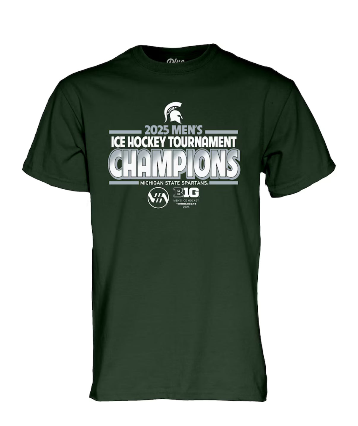 A dark green t-shirt with the text '2025 Men's Ice Hockey Tournament Champions' along with the Michigan State University logo and Big 10 logo.
