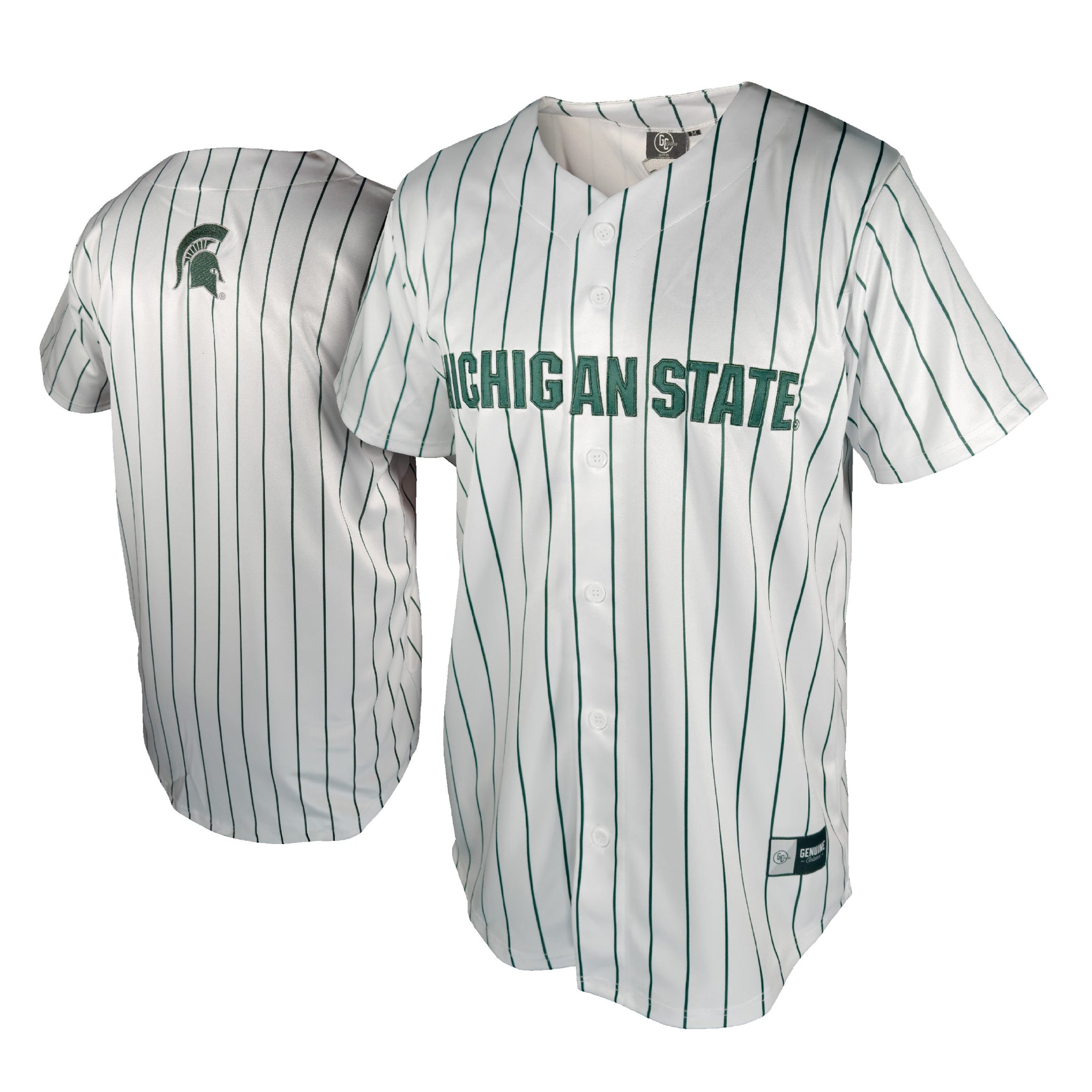 Baseball jersey with 'Michigan State' text stitched and pinstripe pattern on a white background