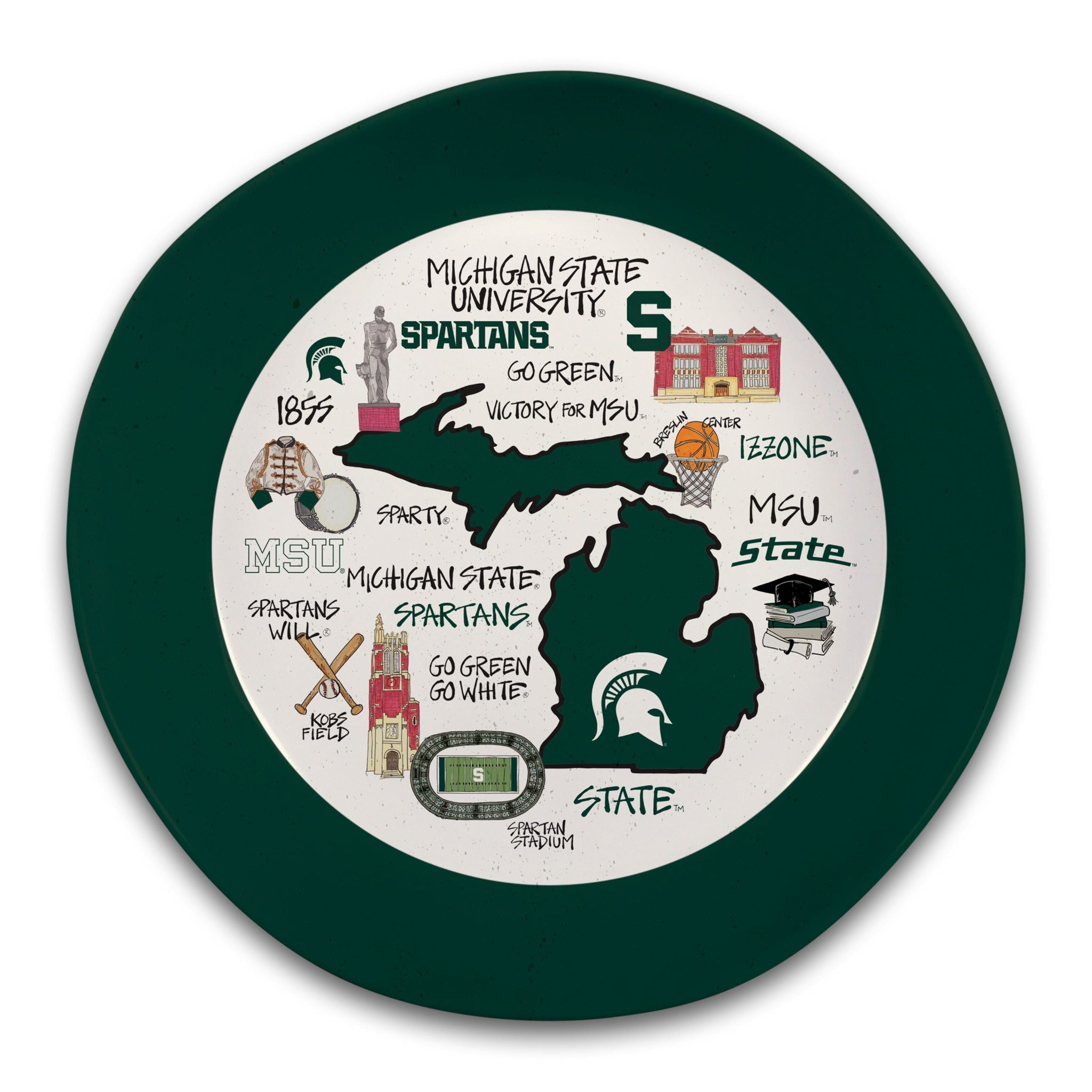 A plate featuring illustrations of MSU icons and logos such as Spartan Stadium, Beaumont Tower, Spartan Statue, and more.