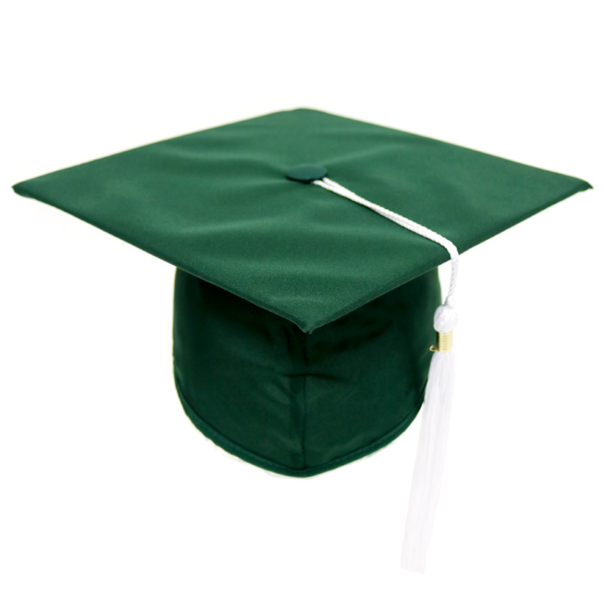 One size fits most dark green graduation cap without a tassel, created in the same fabric as the gown and made with 100% post-consumer plastic bottles