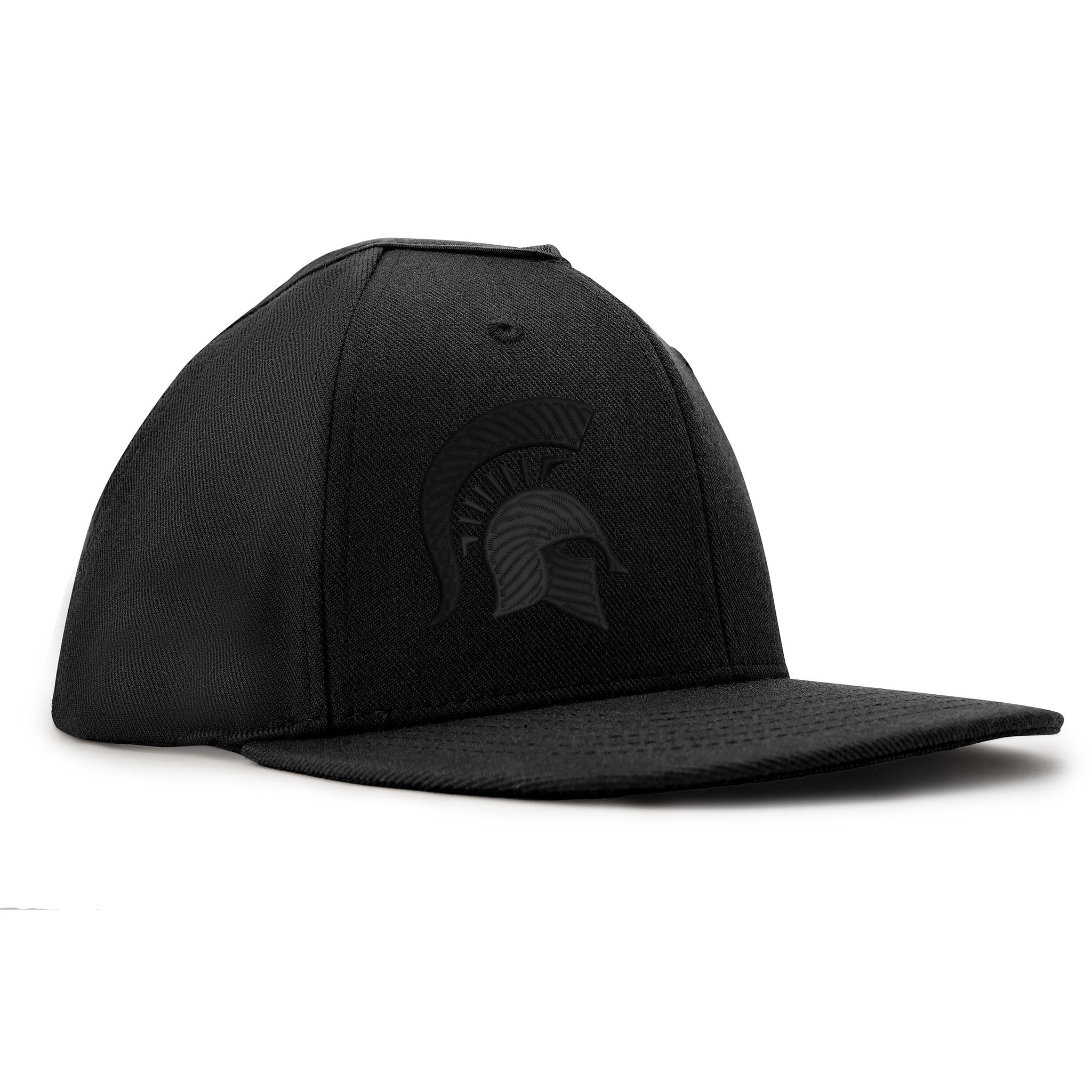 Black flat-brim cap with an embossed Spartan helmet logo on the front panel.