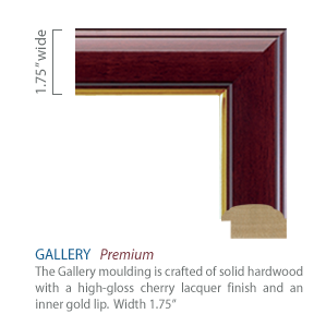Moulding is crafted of solid hardwood with a high-gloss cherry lacquer finish and an inner gold lip. Width 1.75"