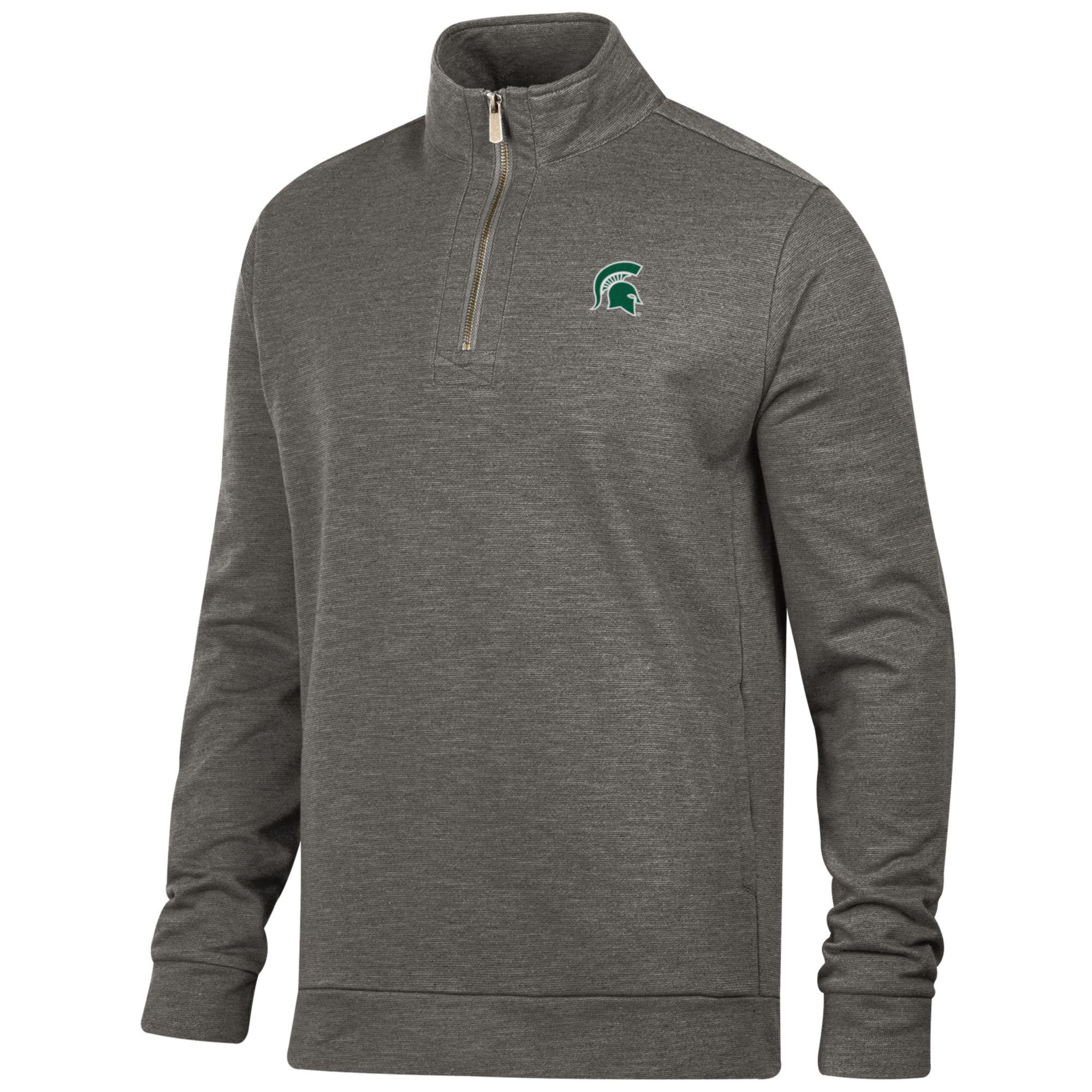 Gray quarter-zip pullover with small green Spartan helmet logo on chest.