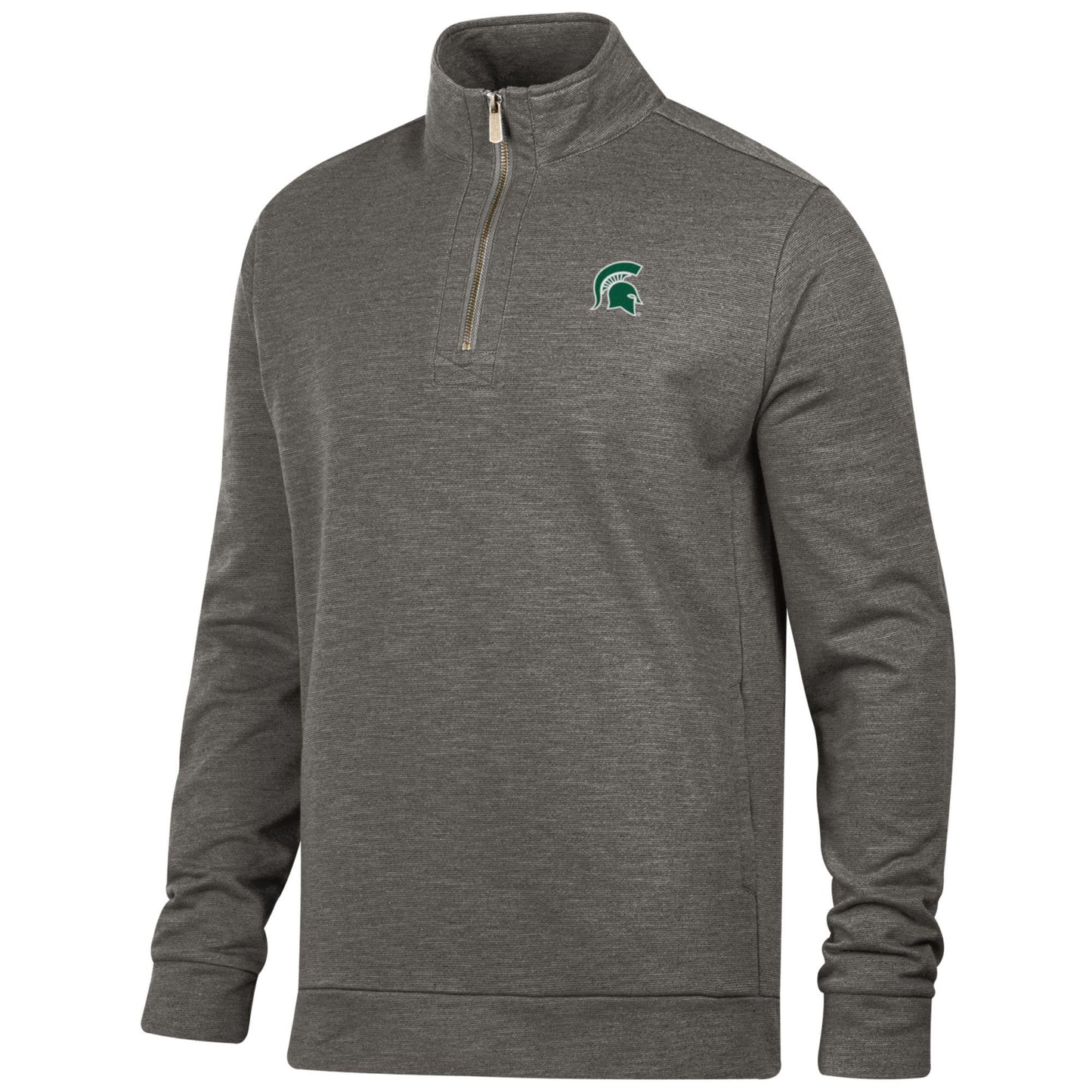 Gray quarter-zip pullover with small green Spartan Helmet logo on chest.
