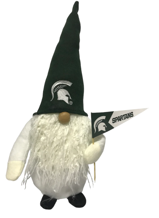 Gnome with green MSU hat and flag reading 'Spartans' with Spartan helmet logo.