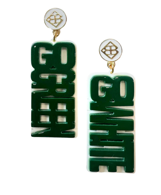 Earrings with green 'GO GREEN' and white 'GO WHITE' text and gold BC logo tops.