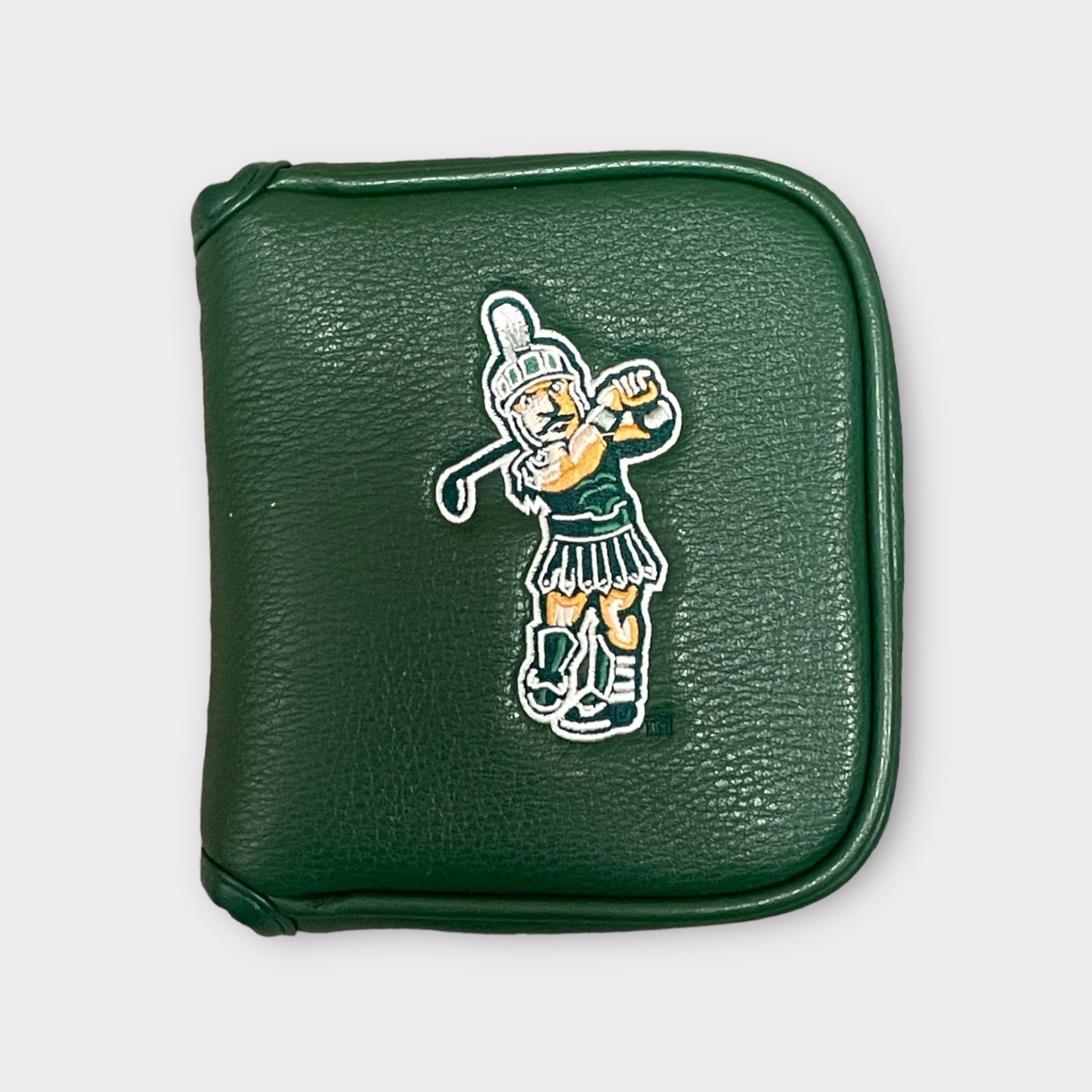 A green mallet putter headcover featuring an embroidered Golfing Sparty on the front.