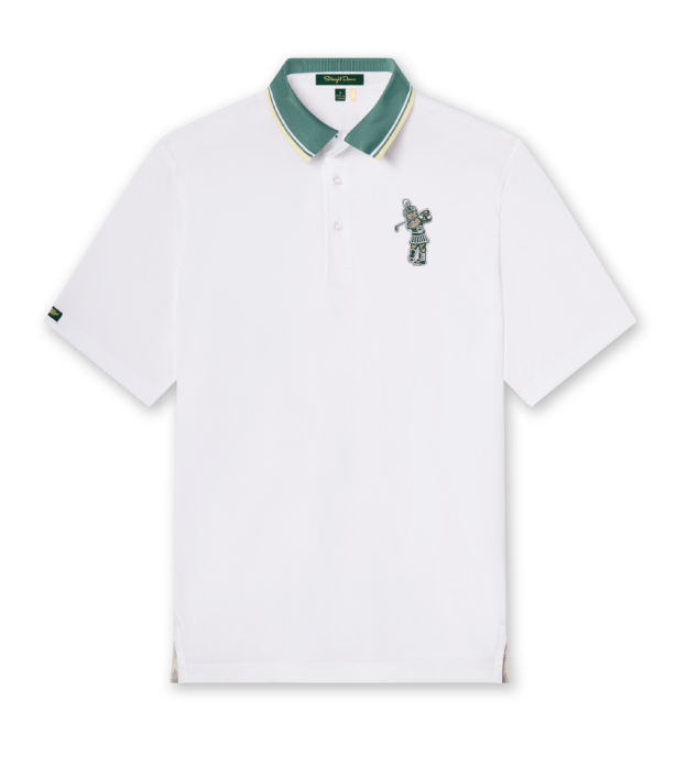 White polo with a green collar that has beige and white stripes. On the upper left chest of the polo is the Golf Sparty logo.