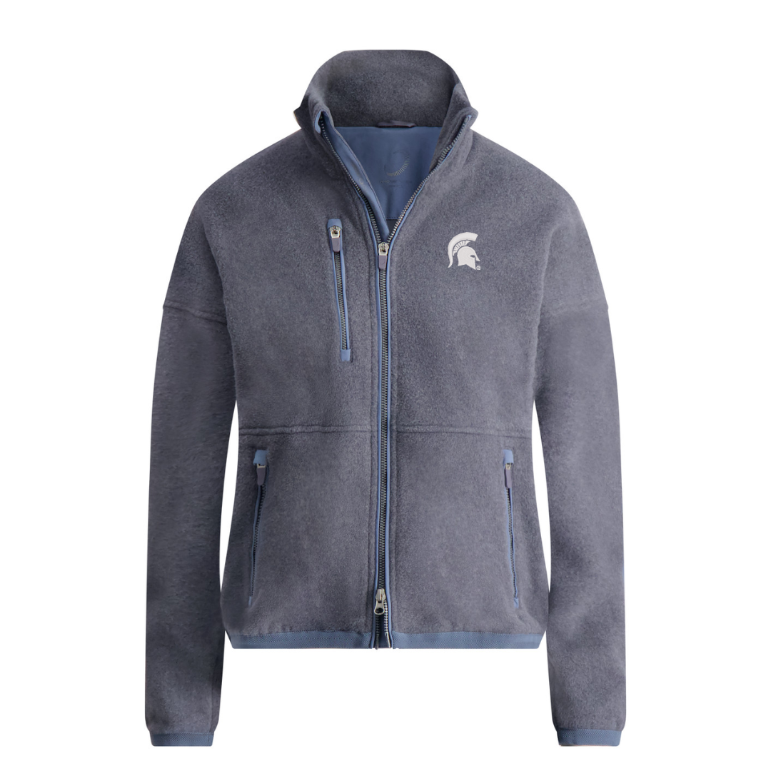 Blue gray fleece jacket with a white spartan helmet logo on a white background