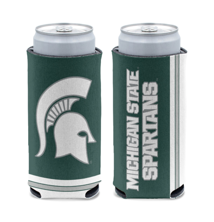 A green can cooler with the Michigan State Spartans helmet and the text 'Michigan State Spartans' displayed on it.