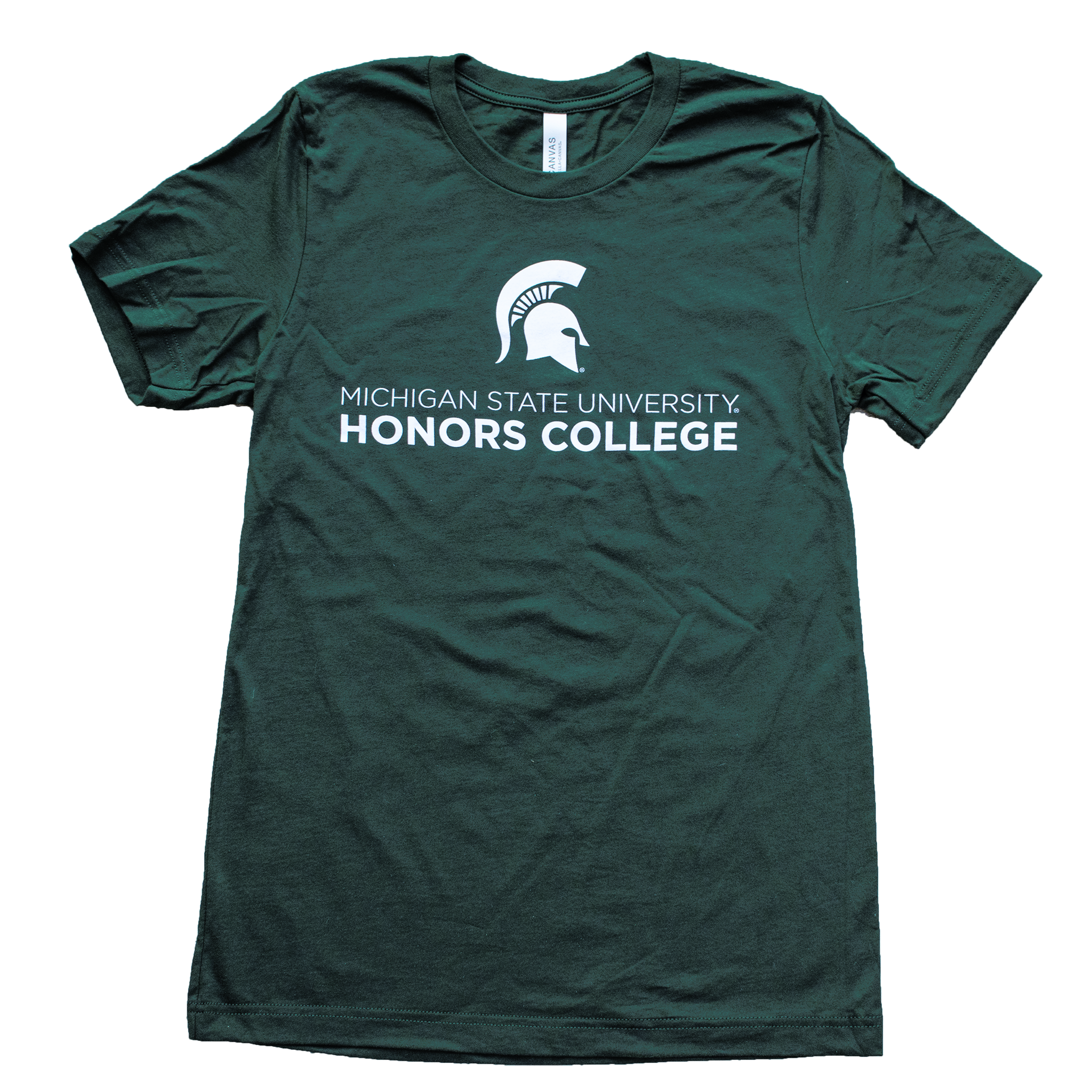 A forest green tee shirt with a white MSU spartan helmet logo. Underneath the logo, in white, is the text "Michigan State University Honors College."