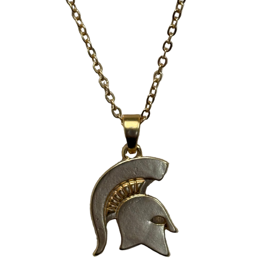 Gold Spartan Helmet charm dangling from a gold chain link necklace.