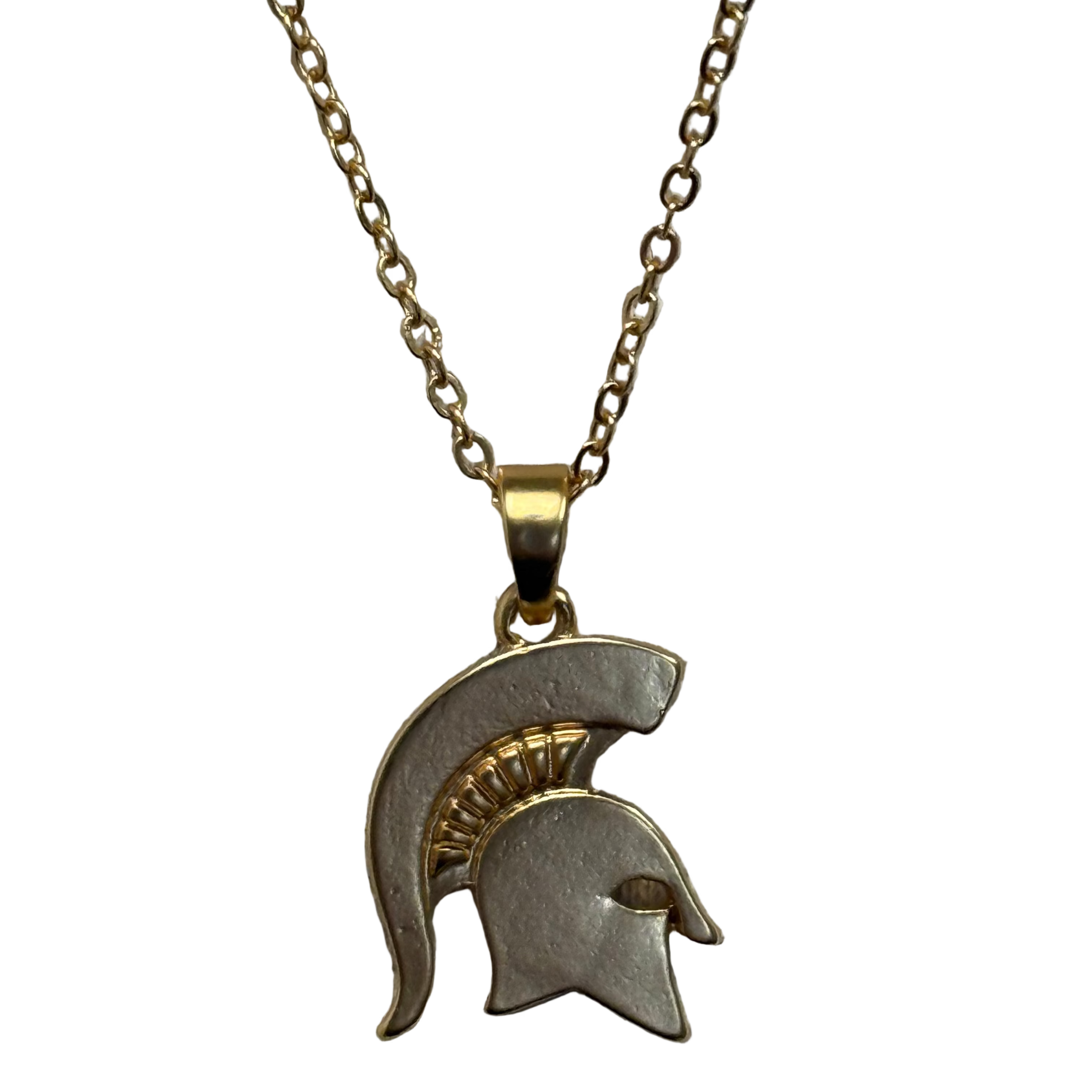 Gold Spartan helmet charm dangling from a gold chain link necklace.