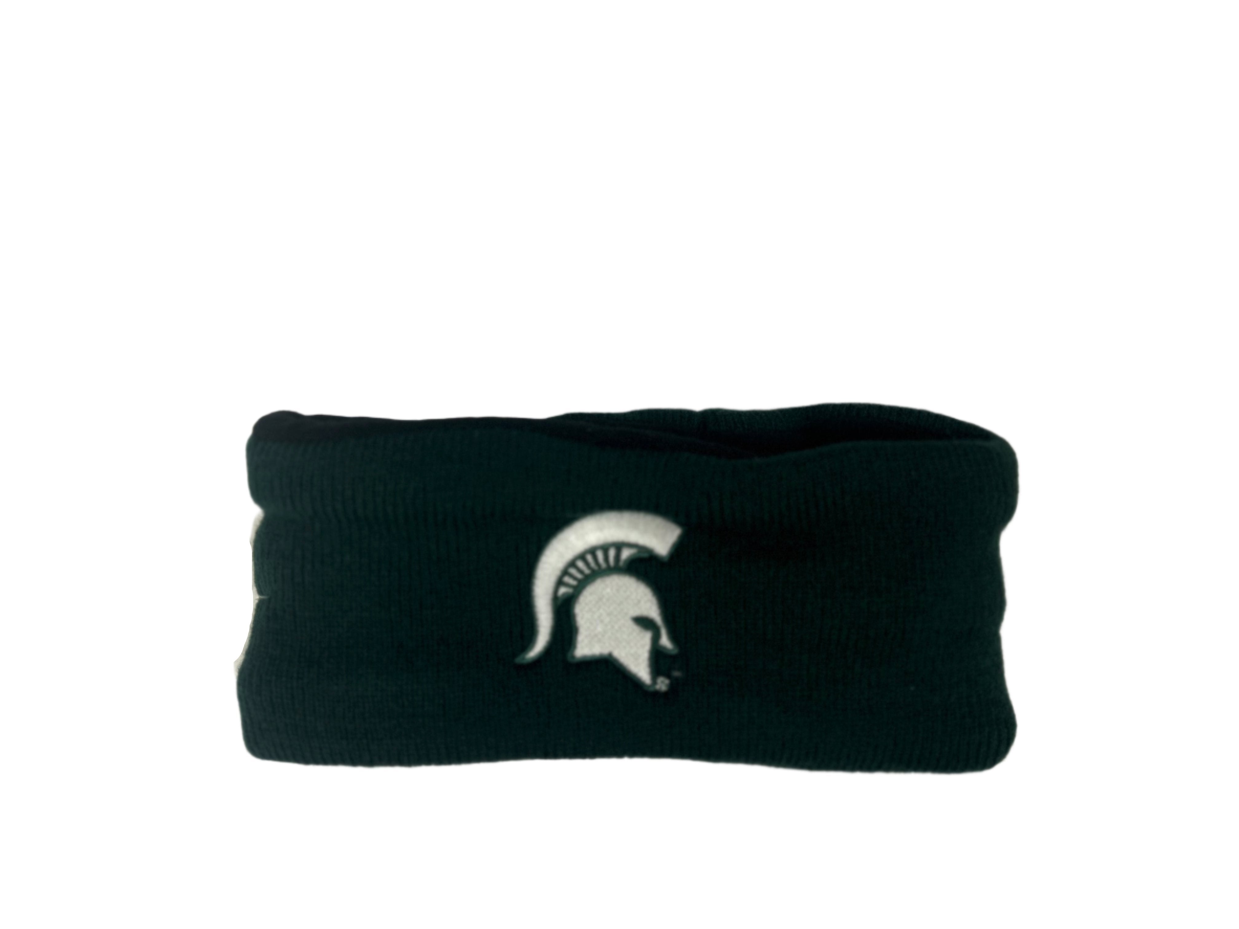 Dark green knit headband with Michigan State Spartan helmet on the front.