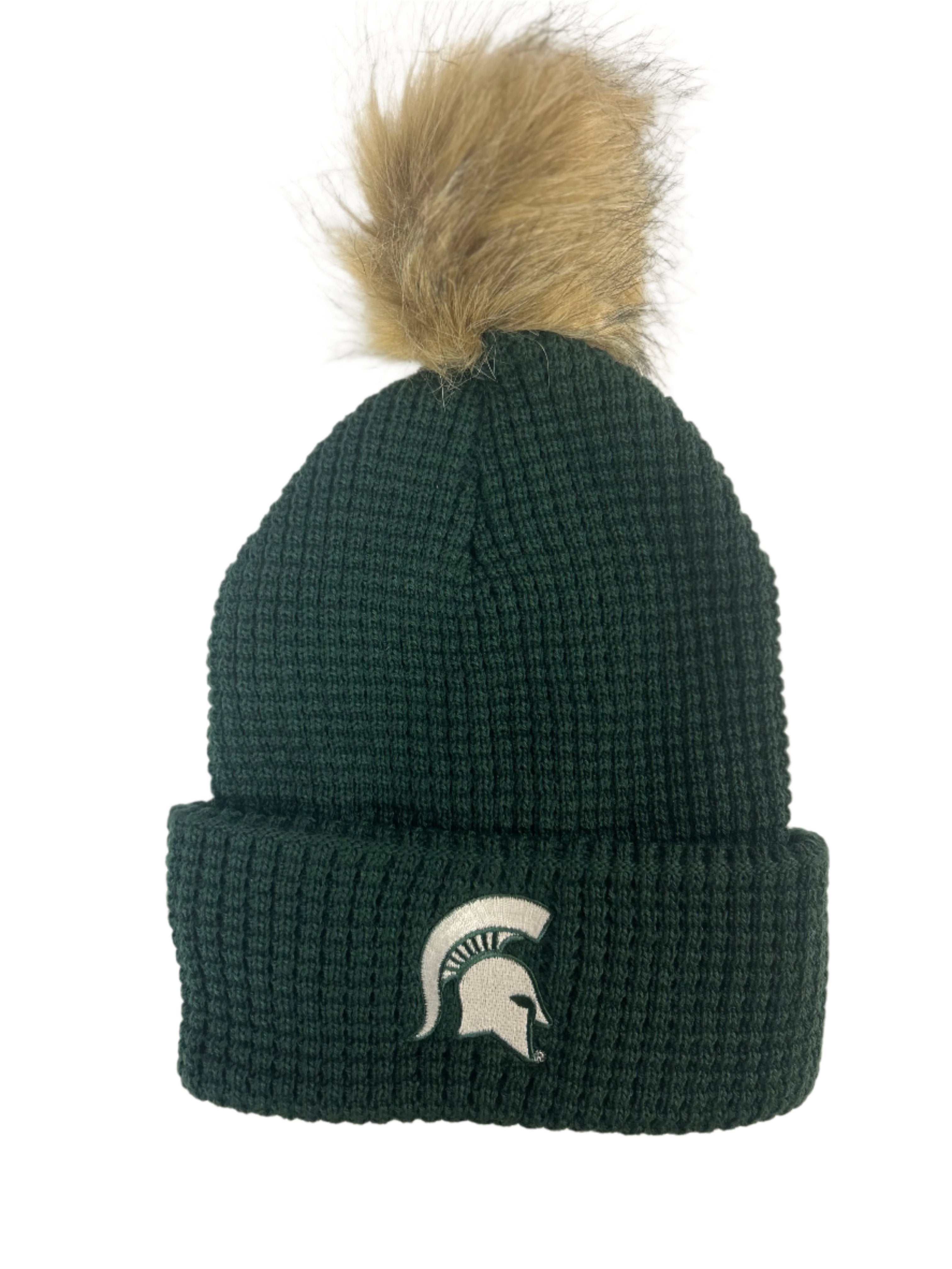 Dark green knit beanie with faux fur pom-pom and Michigan State Spartans logo on cuff.