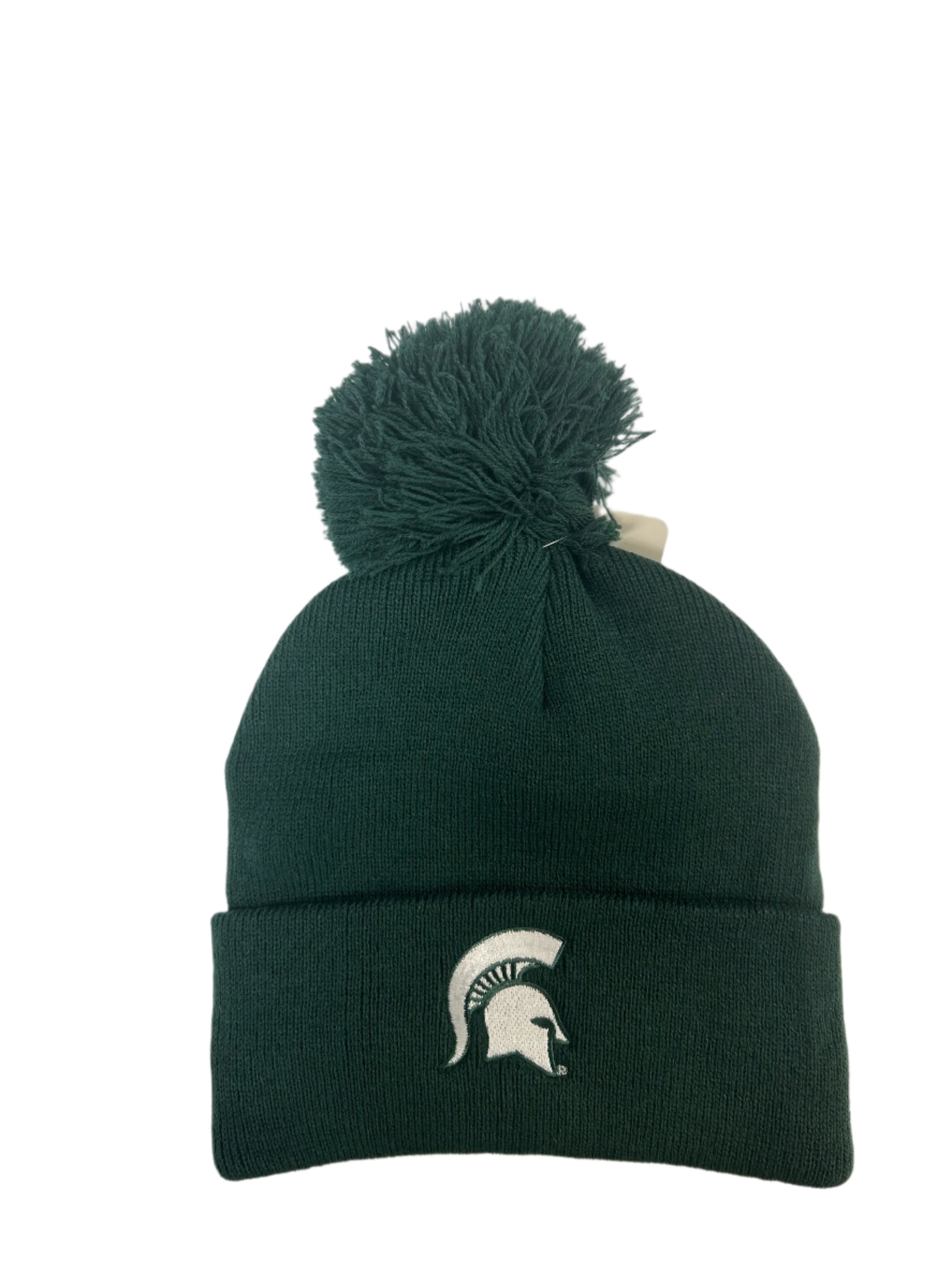 Dark green knit beanie with pom-pom and Michigan State Spartan helmet logo on cuff.