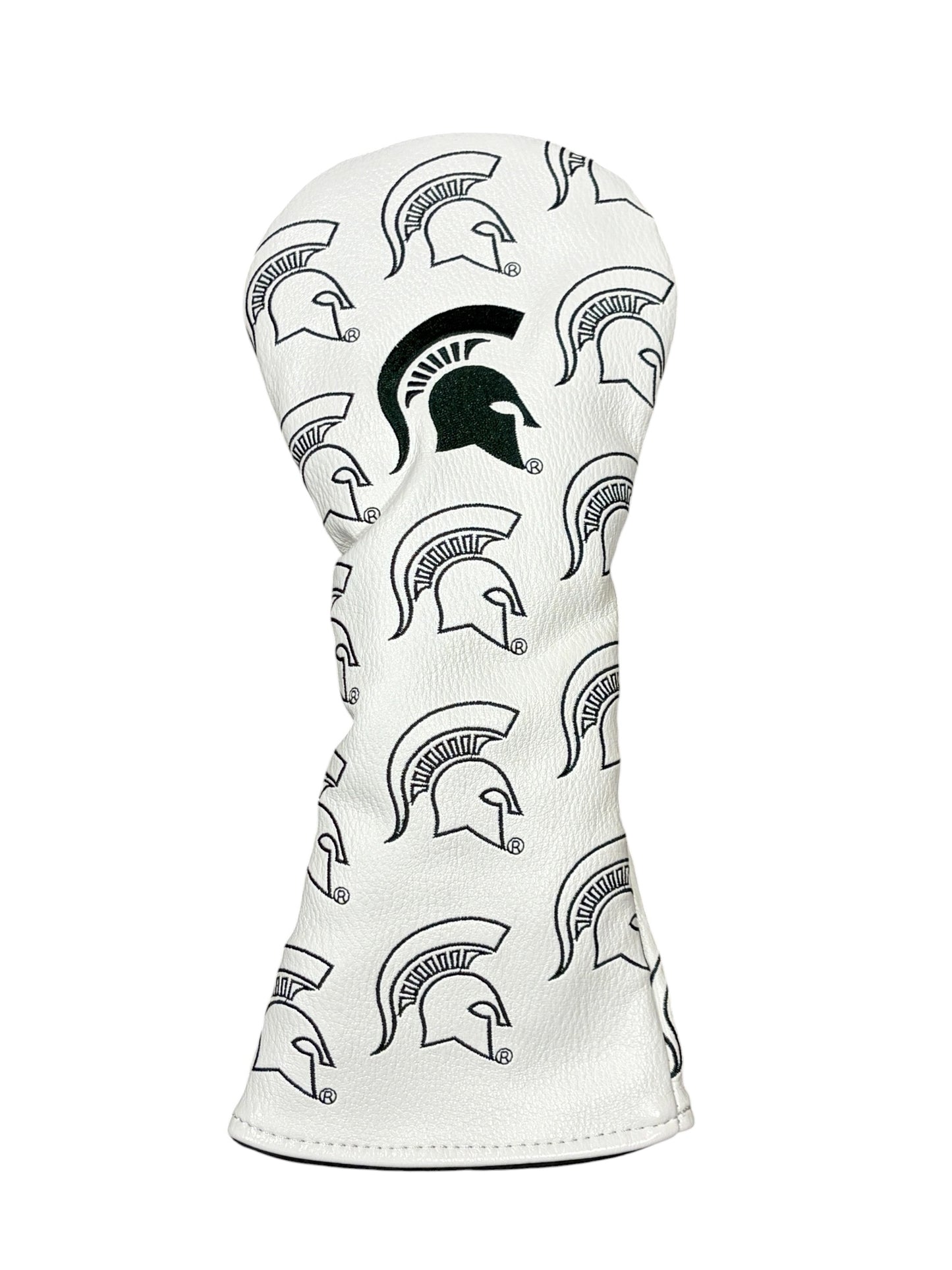 White golf driver cover patterned with black outlined Spartan Helmet logos and a solid black Spartan Helmet logo in the middle.