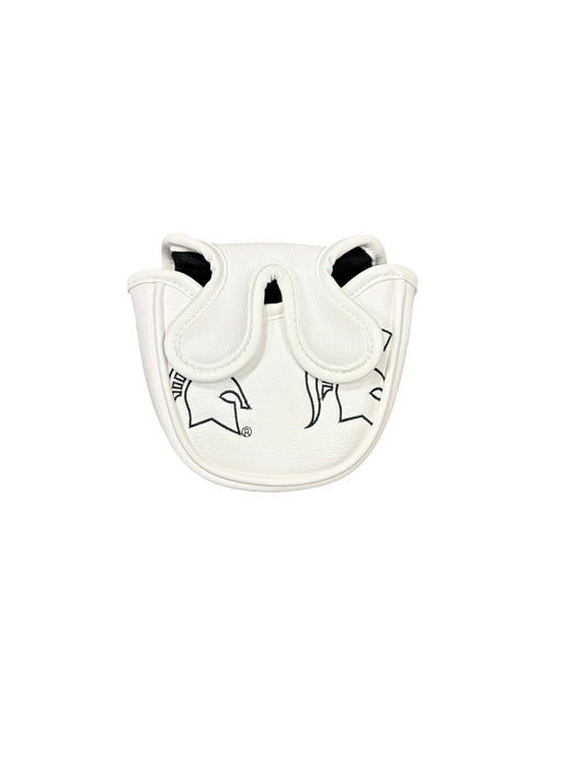 Back of a white golf mallet cover with black outlined Spartan Helmet logos.