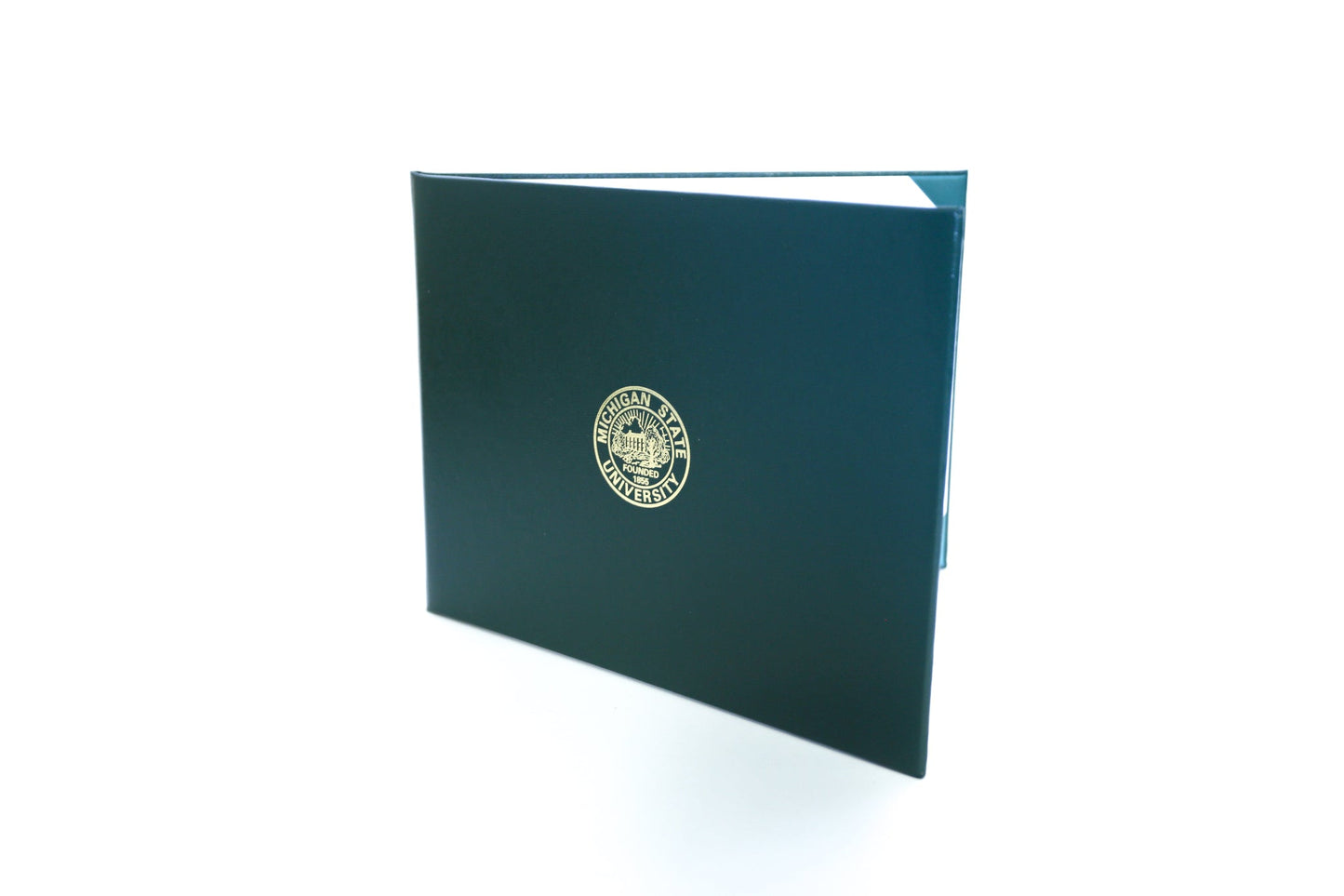 A green certificate holder with a gold MSU seal on the front center.