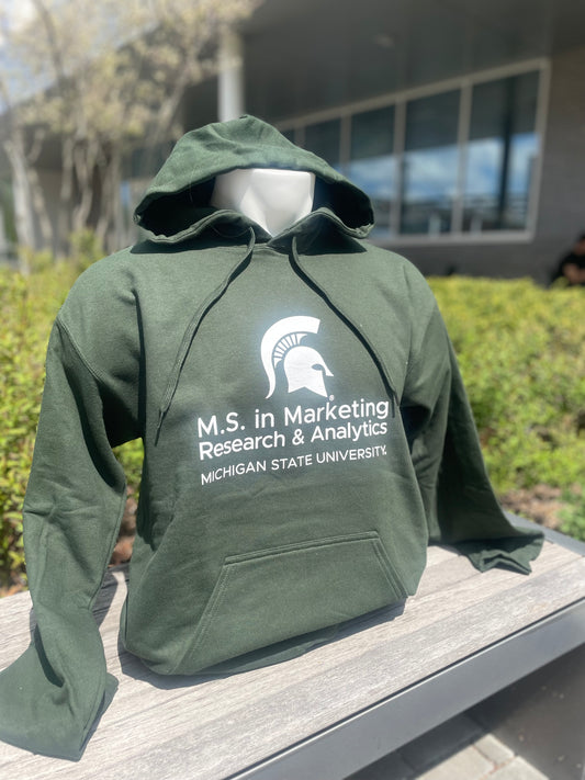 Green hoodie with MSU M.S. in Marketing Research & Analytics printed in white on front.