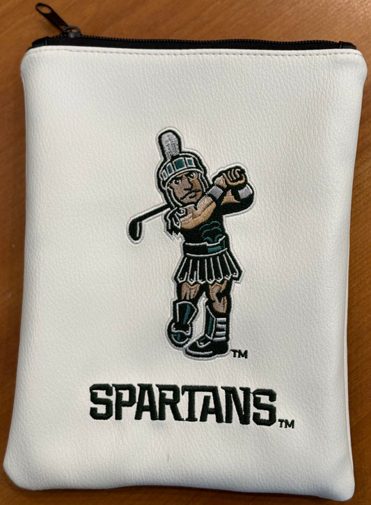 White zipper pouch with an embroidered Golf Sparty logo and white embroidered text that reads "Spartans."