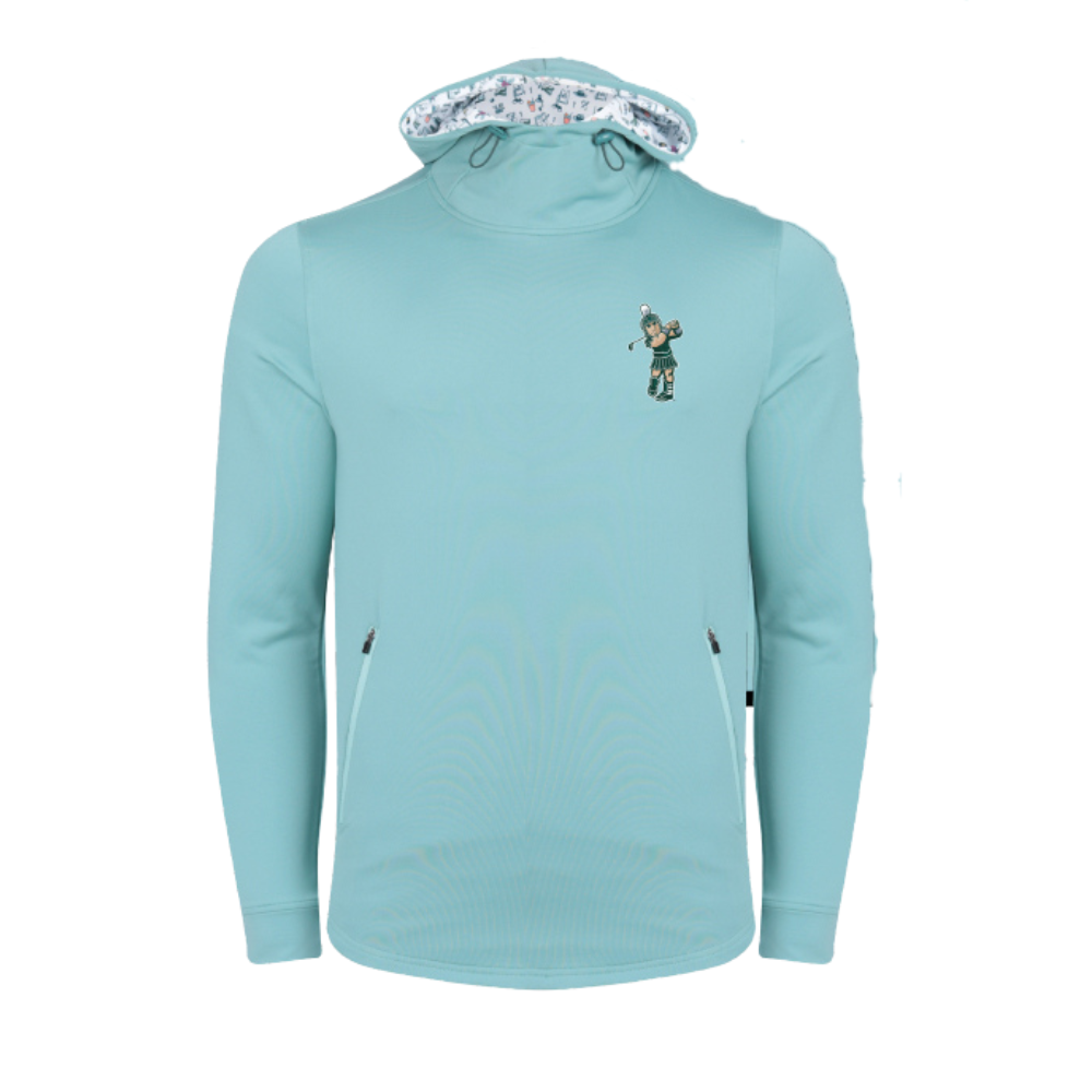 Blue hoodie with two zipper pockets on either side, a white and patterned print on the inner lining of the hood, and the Golf Sparty logo on the upper left chest.