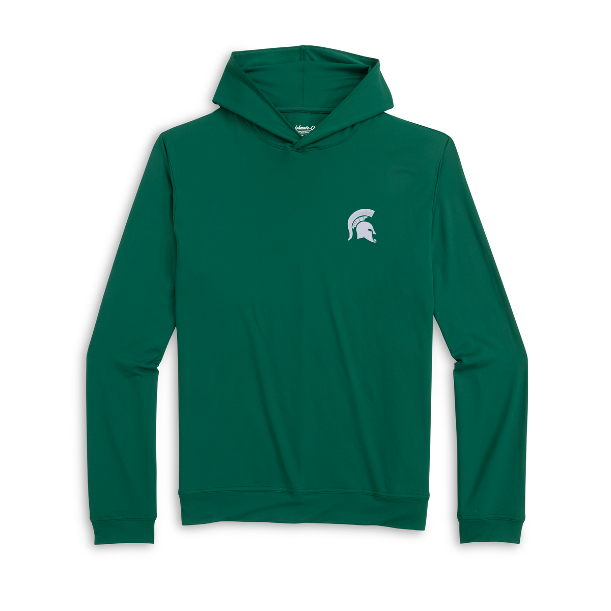 Michigan State Spartans performance hoodie in dark green with a minimalist design, featuring a white Spartan helmet logo printed on the left chest. The lightweight long-sleeve hoodie includes a crossover hood, fitted cuffs, and a clean athletic silhouette.