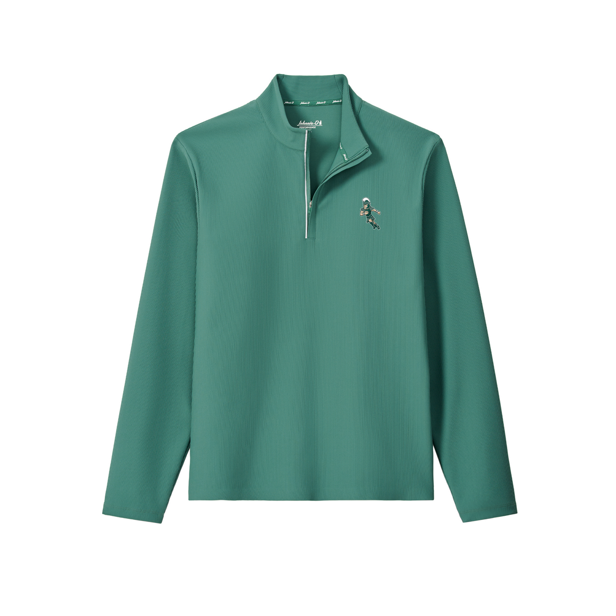 Green Michigan State Spartans quarter-zip performance pullover featuring a subtle textured fabric, mock neck collar, and silver zipper. The pullover is embroidered with a vintage-style Spartan football player logo on the left chest.