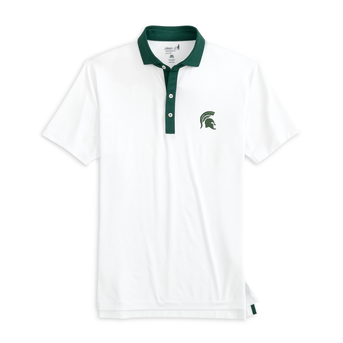 White Michigan State performance polo shirt with a green collar and matching button placket, featuring an embroidered green Spartan helmet logo on the left chest, short sleeves, and a classic three-button design.