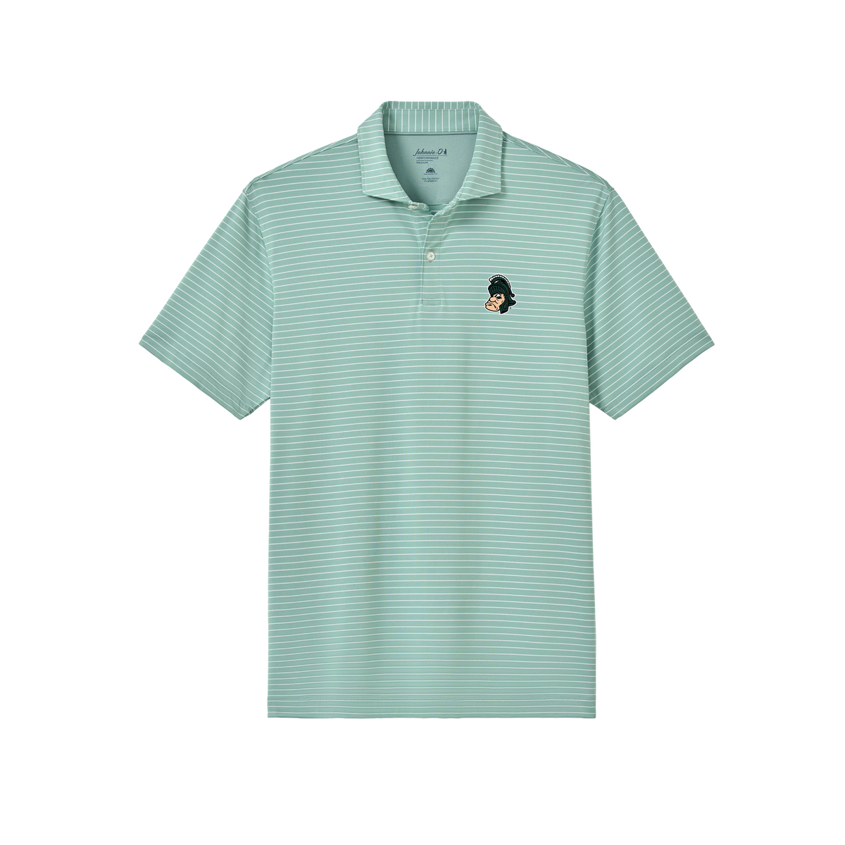 Light mint green short-sleeve striped performance polo shirt featuring thin white horizontal stripes, a three-button placket, and a small embroidered Michigan State Spartans Gruff Sparty logo on the left chest.