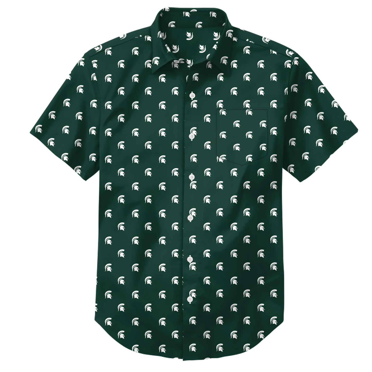 Youth green full button down collared shirt with small white Spartan Helmet logos printed all over.