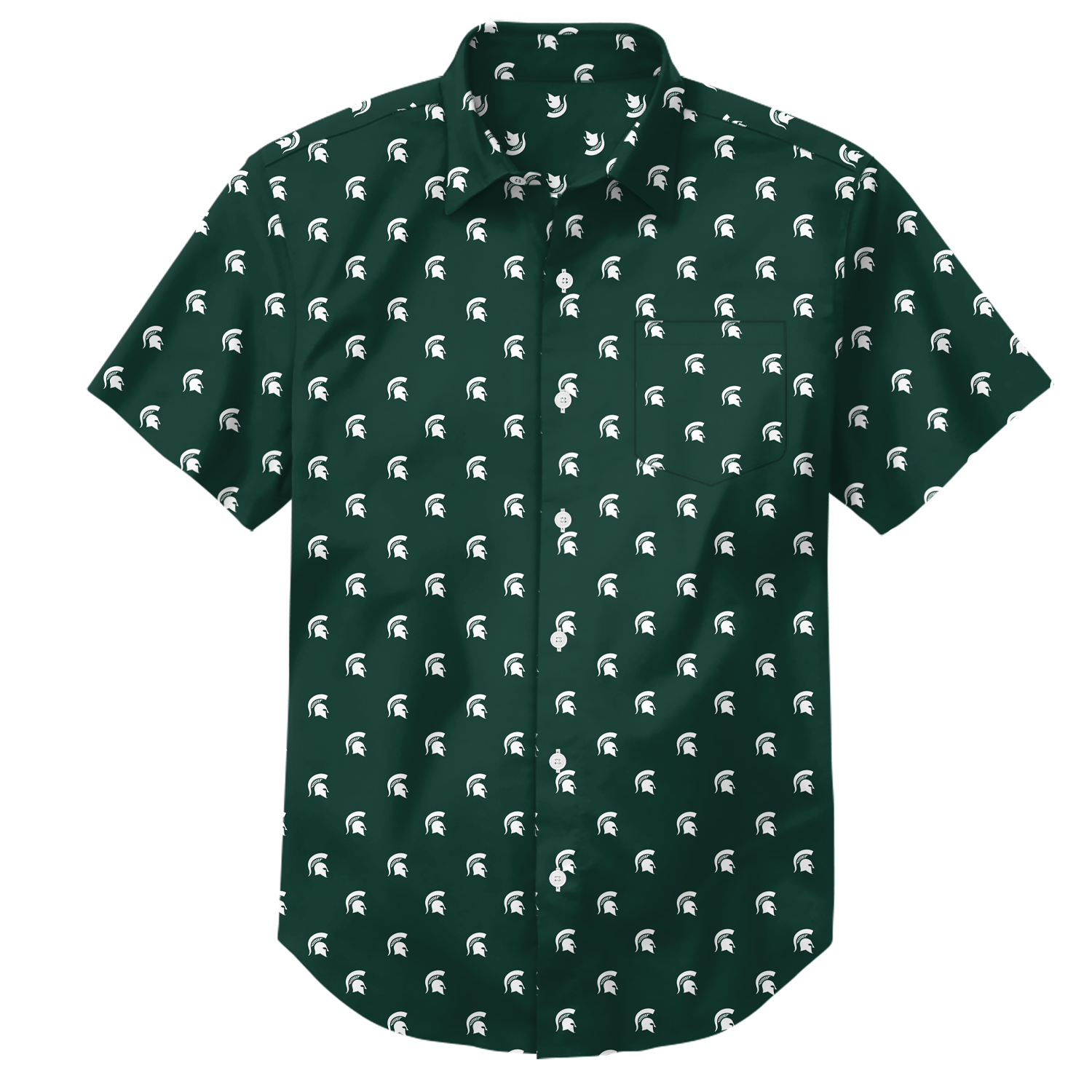 Youth green full button down collared shirt with small white Spartan helmet logos printed all over.