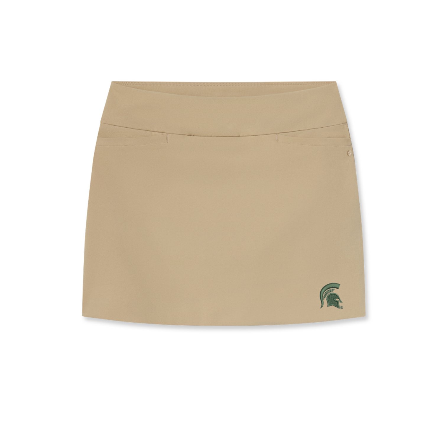 Beige skort with two pockets at the top on either side and a green Spartan Helmet logo embroidered on the upper left chest. Show on a white background.