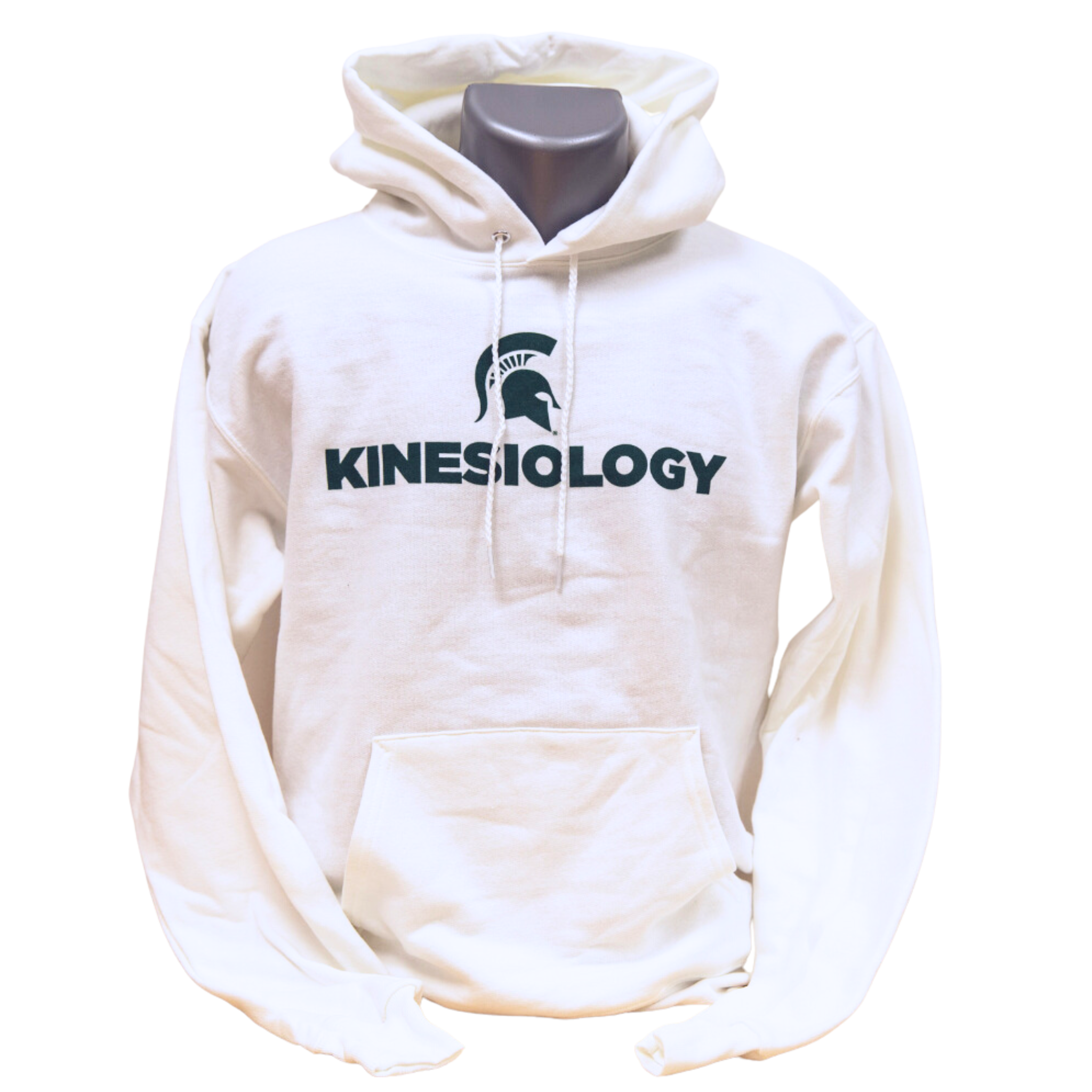 White hooded sweatshirt with green text that reads "Kinesiology" with a green Spartan helmet above the text. Sweatshirt has a large pocket on the front and draw strings on the hood.