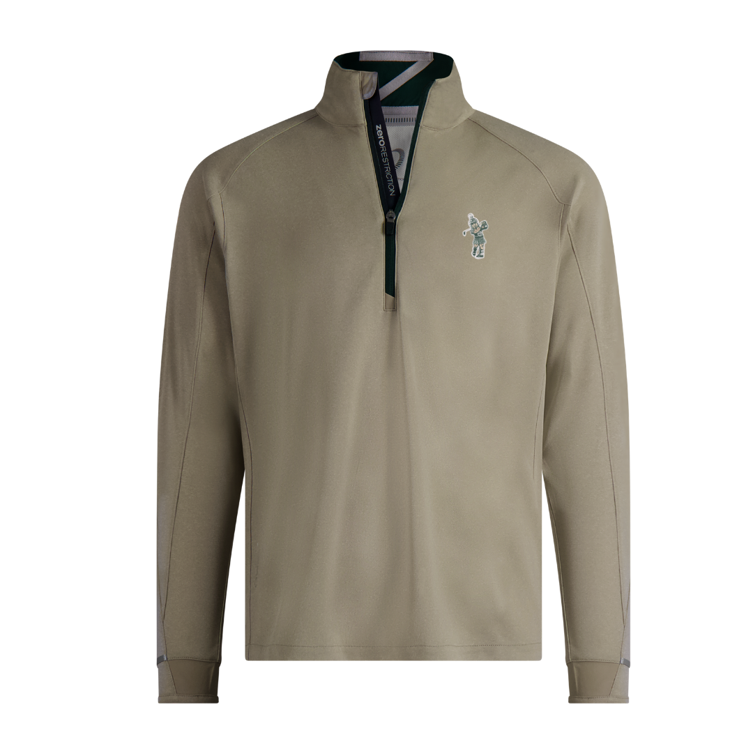 Khaki long-sleeve quarter-zip performance pullover with a stand-up collar, black contrast zipper, and an embroidered vintage Michigan State Spartans mascot logo on the left chest. Features a clean, athletic fit with subtle seam detailing and is displayed against a transparent background.