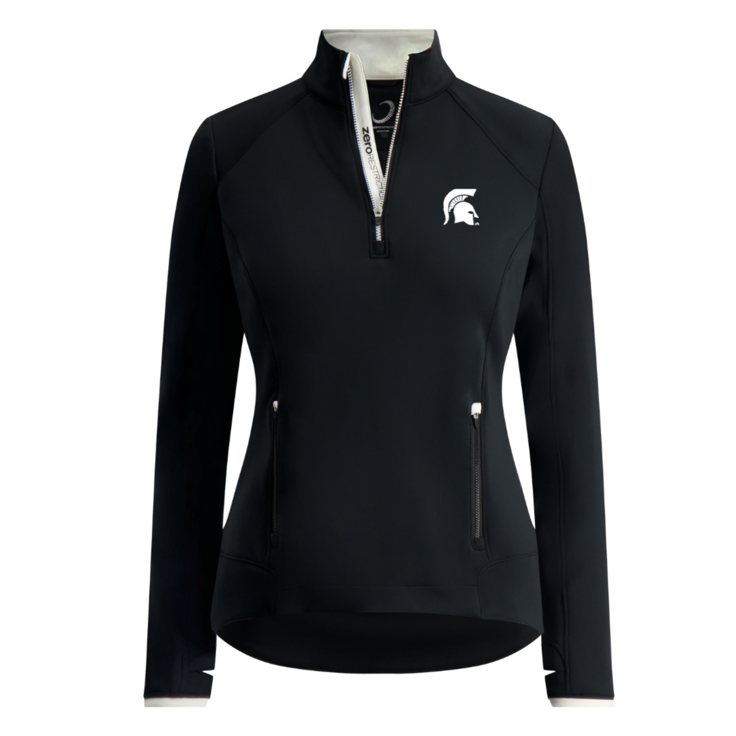Black long-sleeve athletic quarter-zip jacket with two front zippered pockets and a white Spartan helmet logo on the left chest.