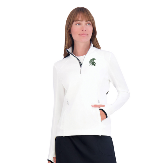 A woman wearing a white golf quarter-zip pullover with a green Spartan Helmet logo on the left side of the chest. The quarter-zip has a pocket in the middle with zippers on each side.