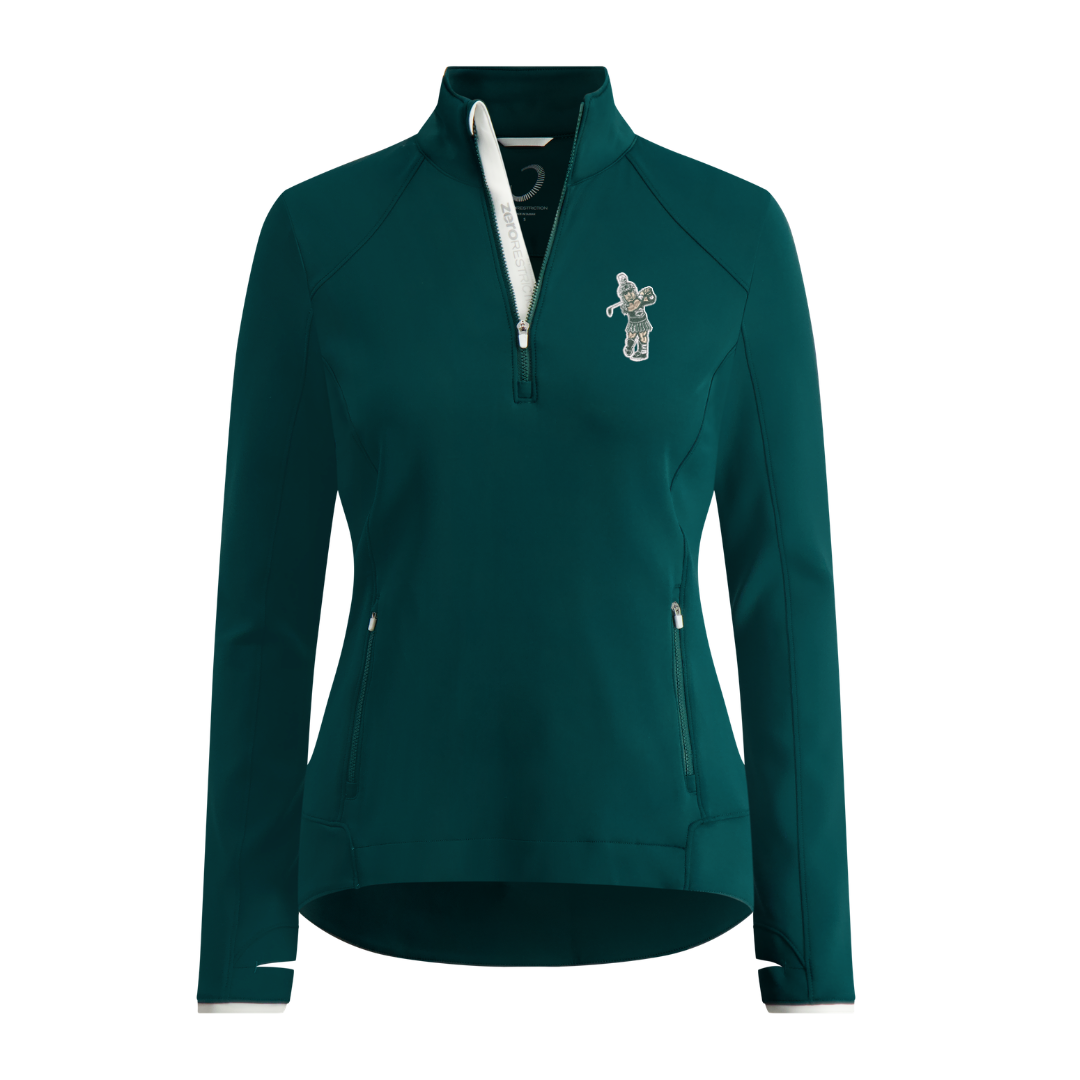 Dark green quarter-zip with two zippered side pockets, a contrast white inside zipper panel, two thumb holes, and the Golf Sparty logo on the upper left chest. Shown on a white background.