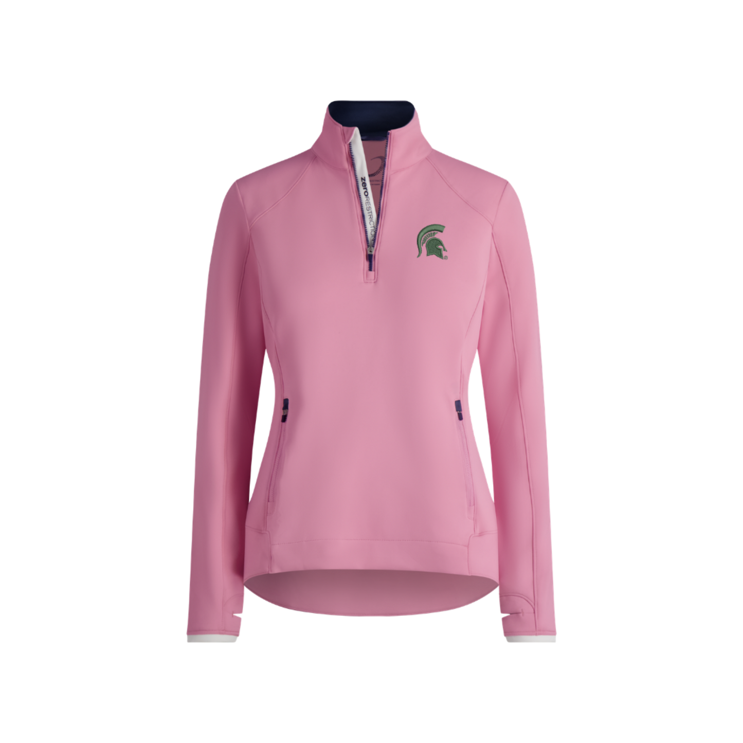 Pink quarter zip pullover with side zipper pockets. On inner zipper is words going vertically 'zero restriction' screen printed in black. Embroidered on left chest in green is a Spartan helmet logo.