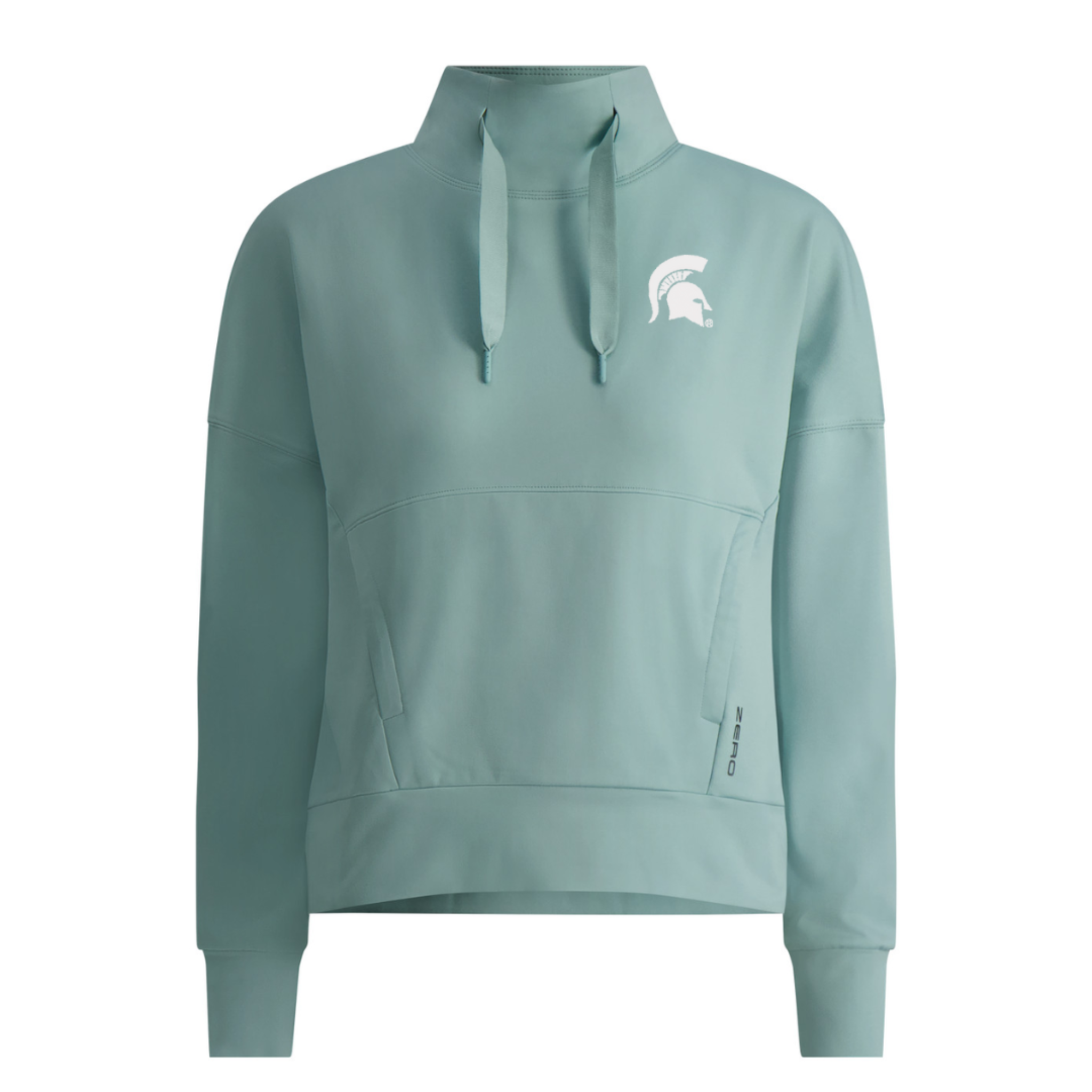 Breeze blue sweatshirt with a high mock collar and drawstrings, featuring a white embroidered Spartan helmet logo on the left chest. Has front kangaroo pouch.