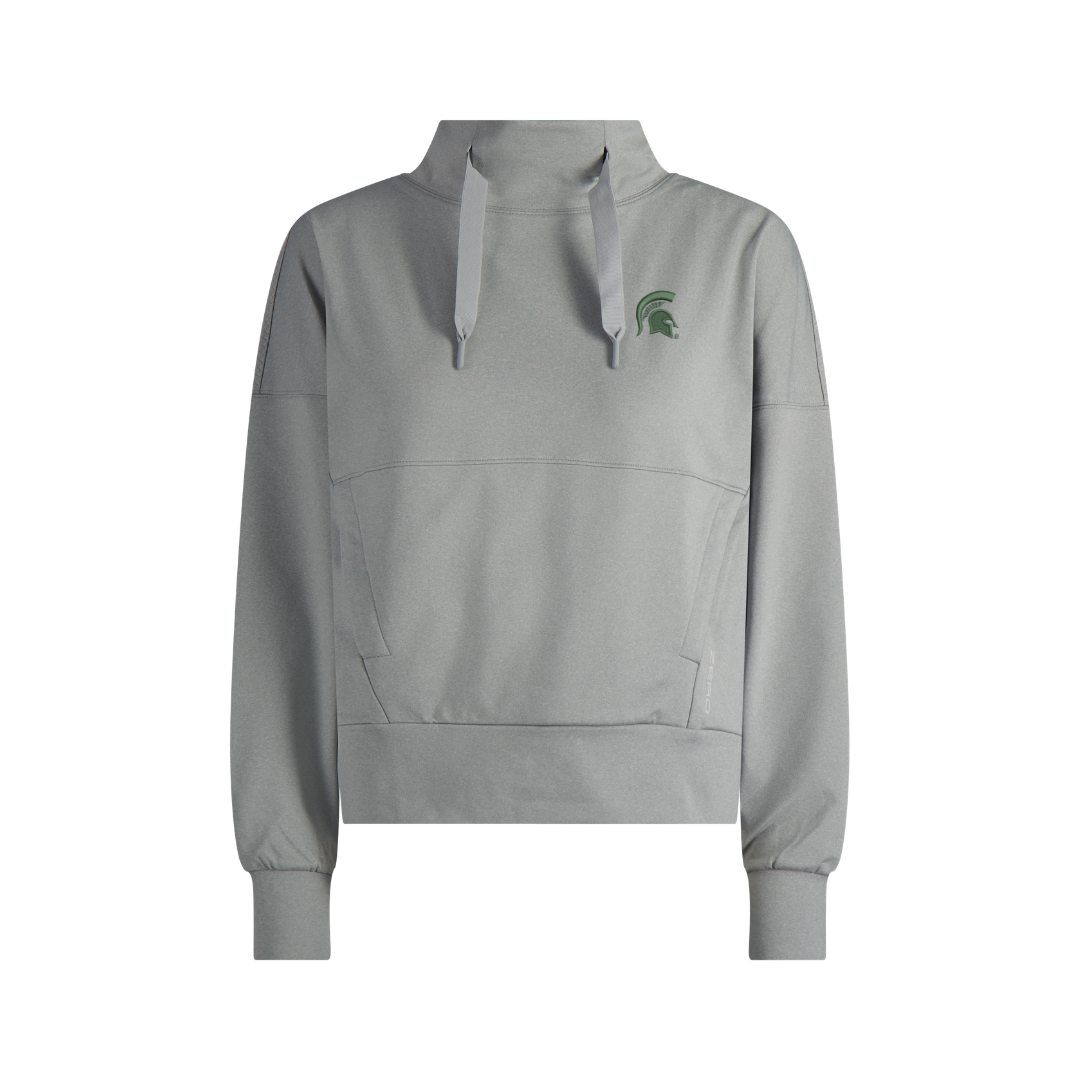 Gray mock neck pullover with drawstrings, a large middle pocket, and a green Spartan Helmet logo. Shown on a white background. Shown on a white background.