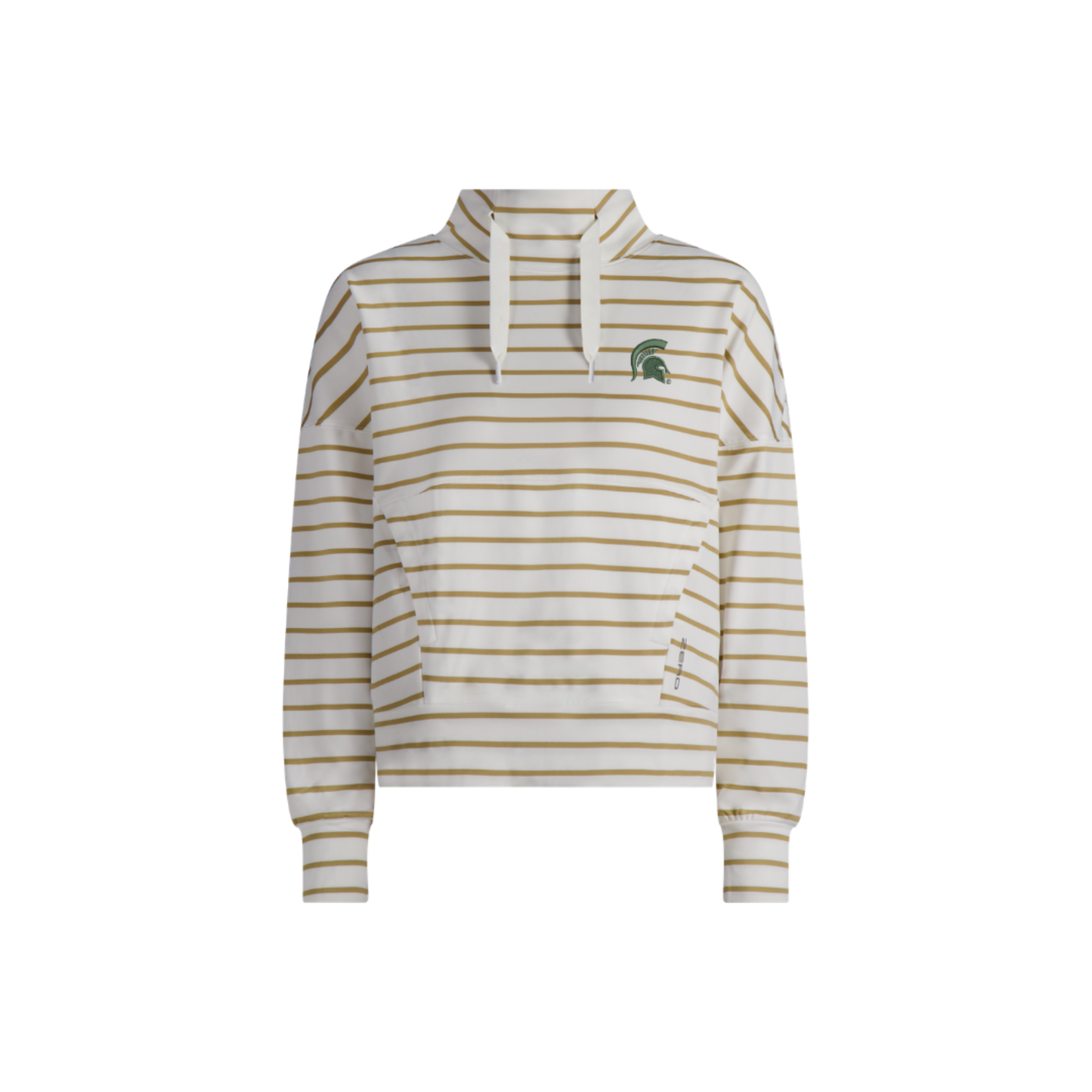 Women's white long-sleeve hooded pullover with thin khaki horizontal stripes, a crossover drawstring neckline, and a front kangaroo pocket. Features the Michigan State Spartans helmet logo embroidered on the left chest, and ribbed cuffs.