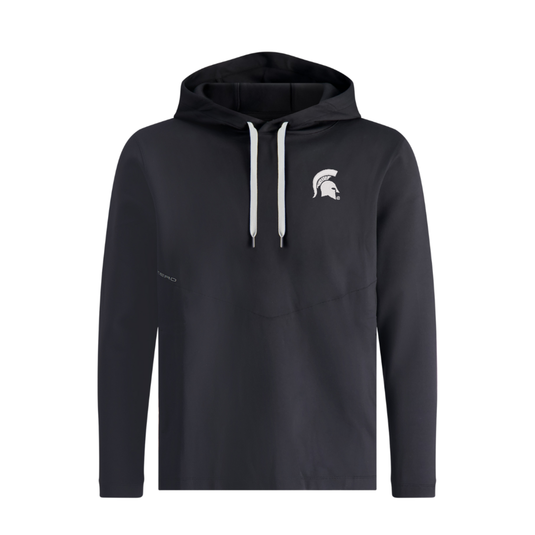 A black hoodie with a drawstring hood and a small white Spartan Helmet logo on the front.