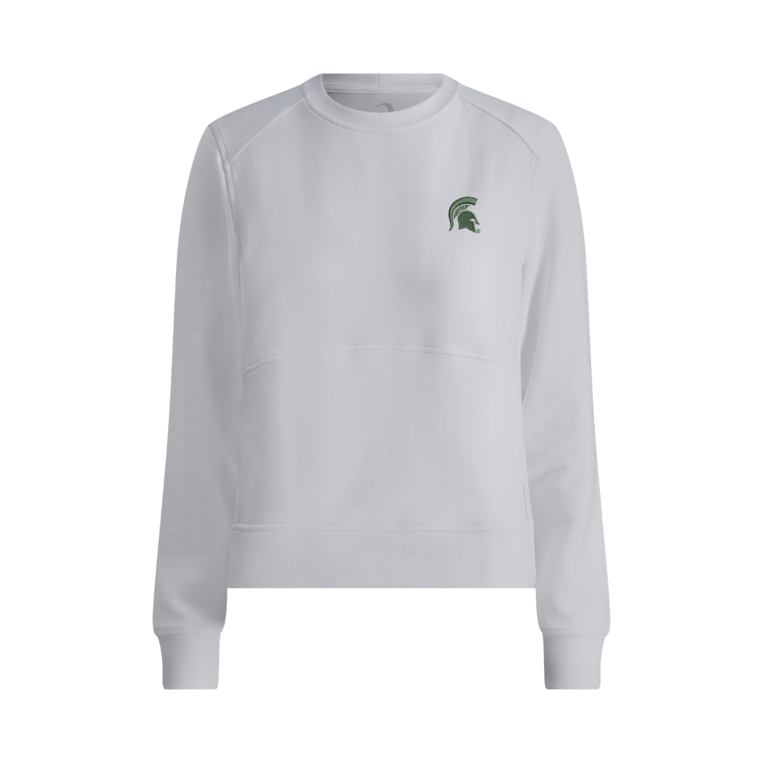 White crew neck women's sweatshirt. embroidered on left chest is a green Spartan helmet logo.