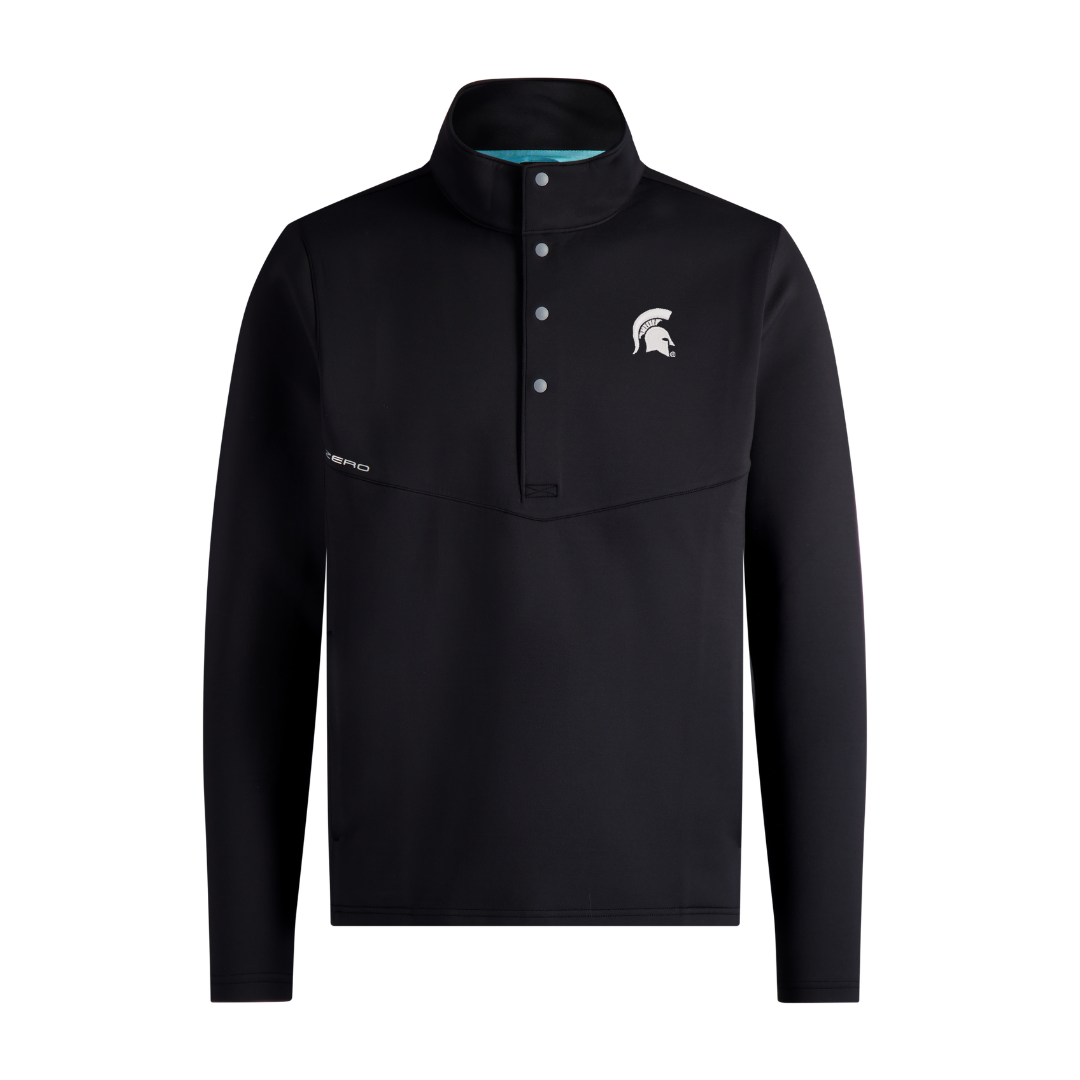 Black snap pullover with four snap bottoms that extend from the collar to the middle and a white Spartan Helmet logo on the upper left chest. Shown on a white background.