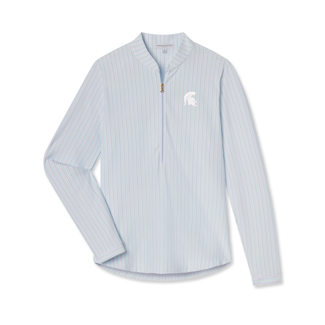 Pastel striped pullover with a zipper that extends half way down the front, a mock neck, and a white Spartan Helmet logo on the upper left chest. Shown on a white background.